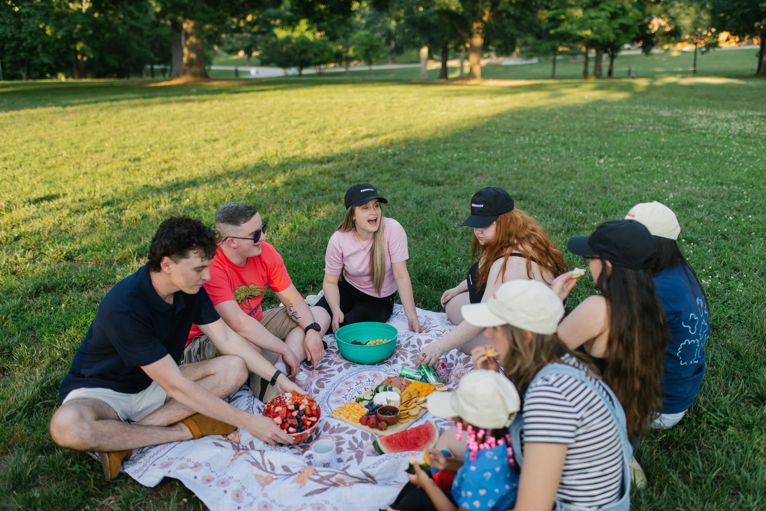 Group of people sitting on a picnic blanket in a park, enjoying a meal of fruits, snacks, and sandwiches during a sunny day.