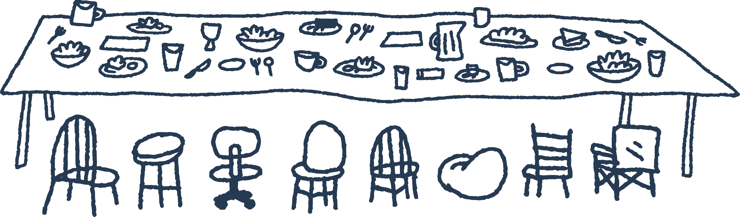 Line drawing of a dining table set with plates, bowls, and drinks, surrounded by chairs, with a counter and additional chairs in the background.