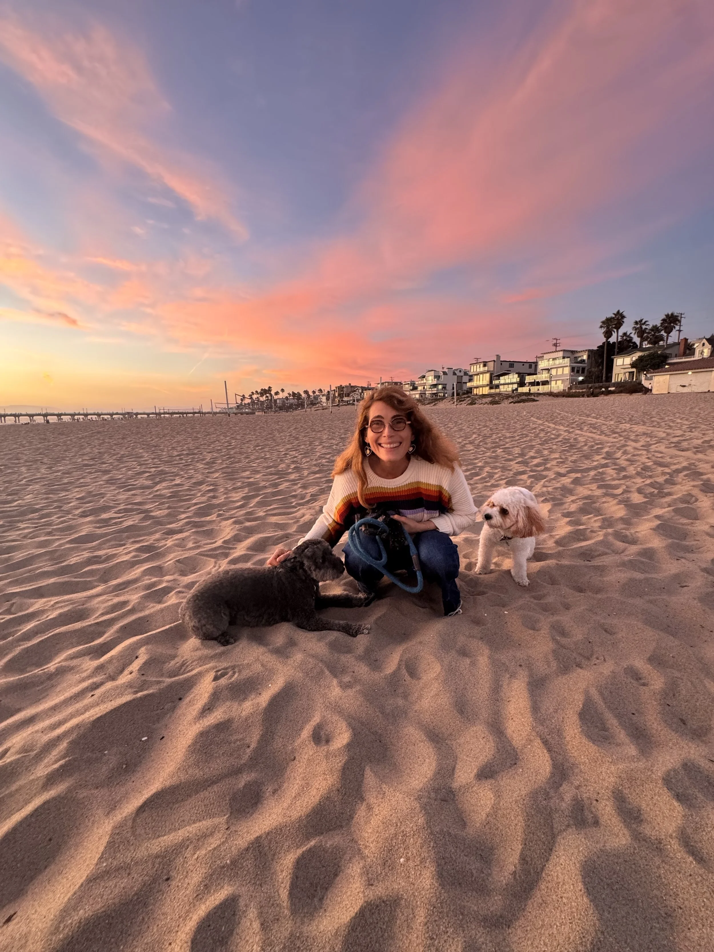 A woman smiling on the beach during sunset, with two dogs, purple and orange clouds in the sky, sandy beach, houses in the background.