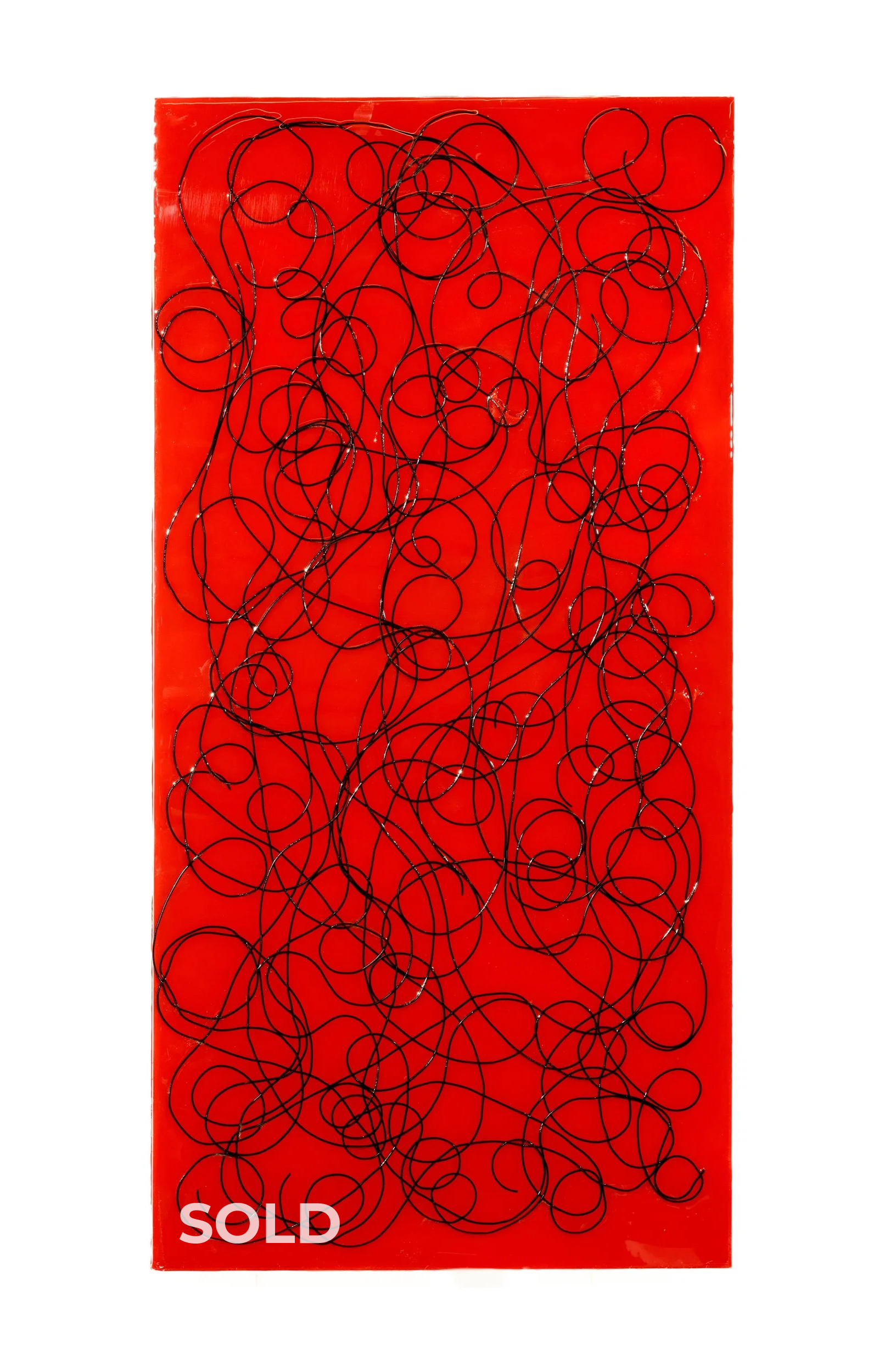 Black Swirls on Red (2025) 24" x 48" monofilament in tinted epoxy on ACM