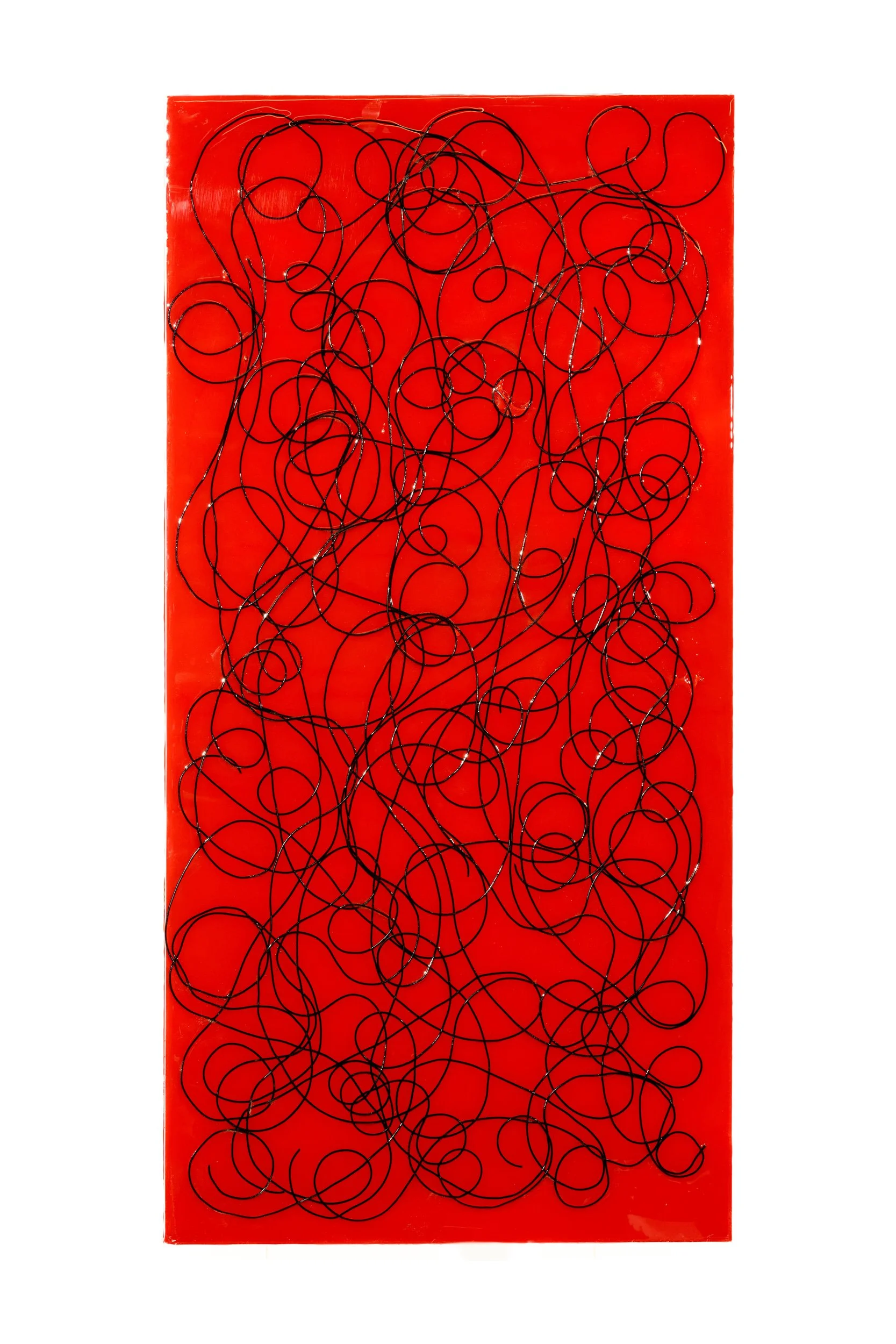 Black Swirls on Red (2025) 24" x 48" monofilament in tinted epoxy on ACM