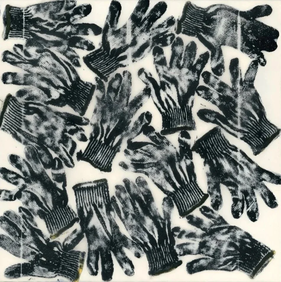 Black on White Hands (2023) 24" x 24" cotton gloves in tinted epoxy on ACM