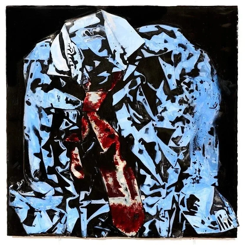 Light Blue Shirt and Tie (2022) 24" x 24" Epoxy impregnated and compressed shirt and tie on plywood