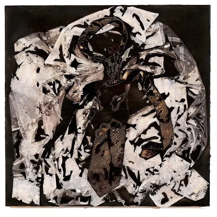 White Checkered Shirt (2022) 24" x 24" Epoxy impregnated and compressed shirt and tie on plywood