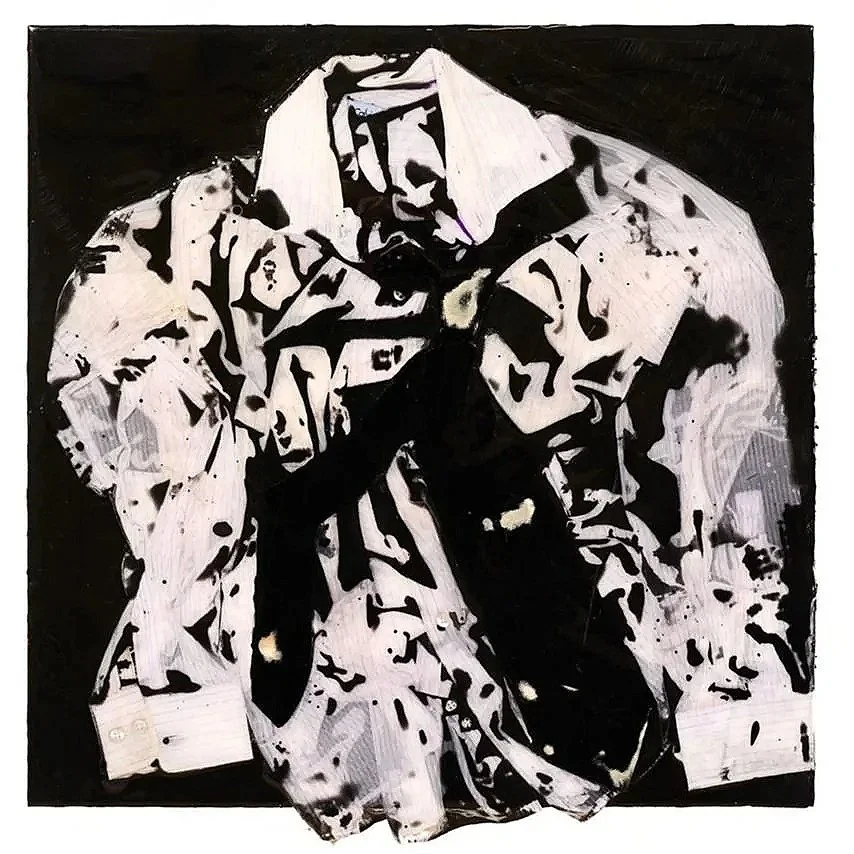 White Striped Shirt (2025) 24" x 24" Epoxy impregnated and compressed shirt and tie on plywood