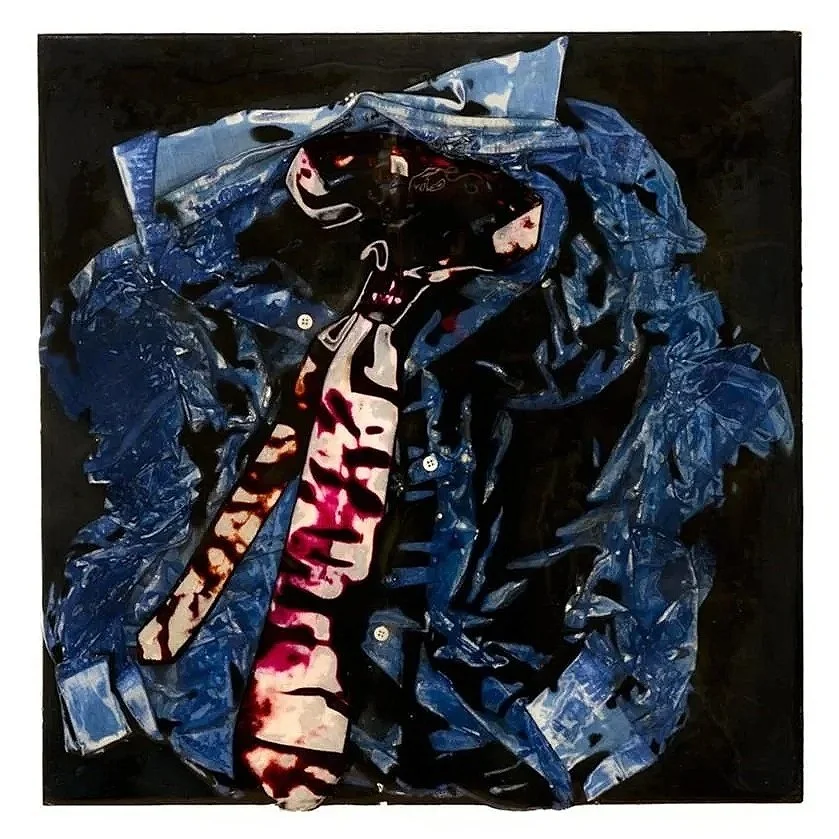 Dark Blue Shirt (2019) 24" x 24" Epoxy impregnated and compressed shirt and tie on plywood