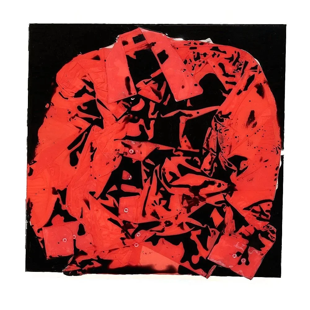 Red Shirt (2026) 24" x 24" Epoxy impregnated and compressed shirt on aluminum composite sheet