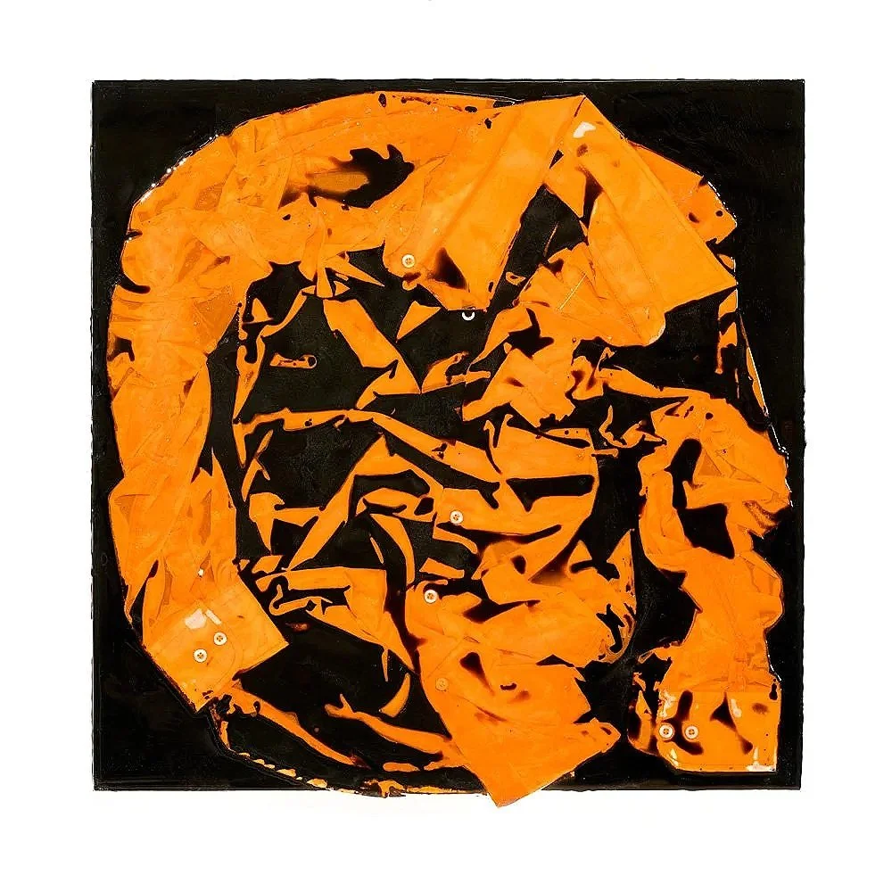 Orange Shirt (2026) 24" x 24" Epoxy impregnated and compressed shirt on aluminum composite sheet