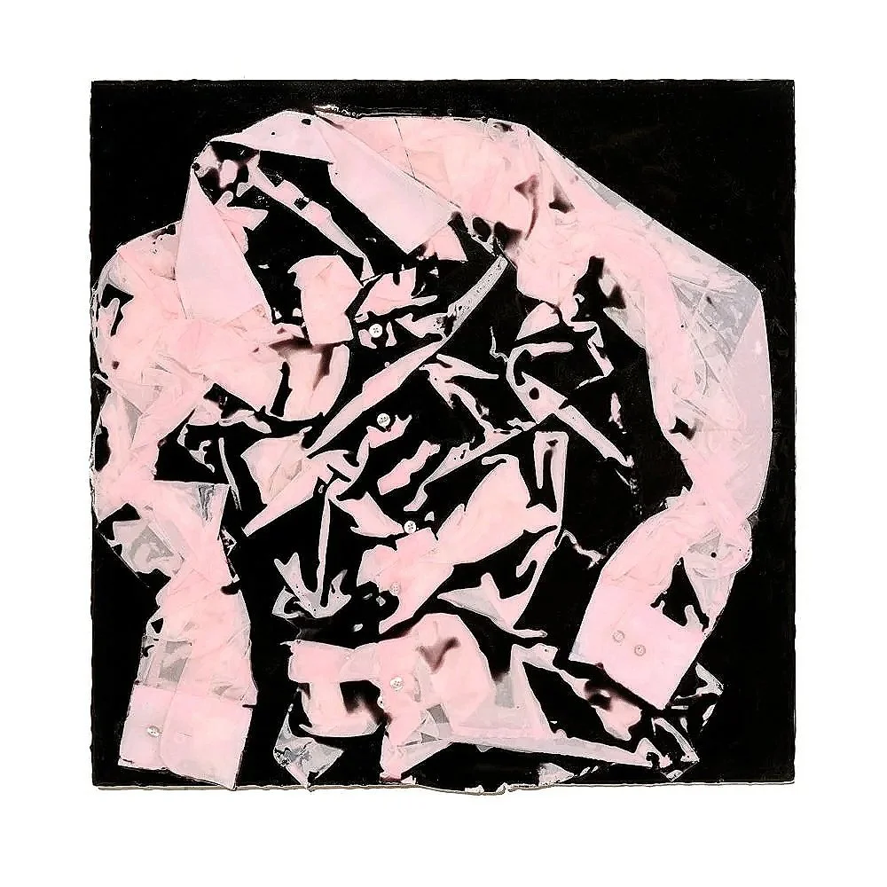 Pink Shirt (2026) 24" x 24" Epoxy impregnated and compressed shirt on aluminum composite sheet