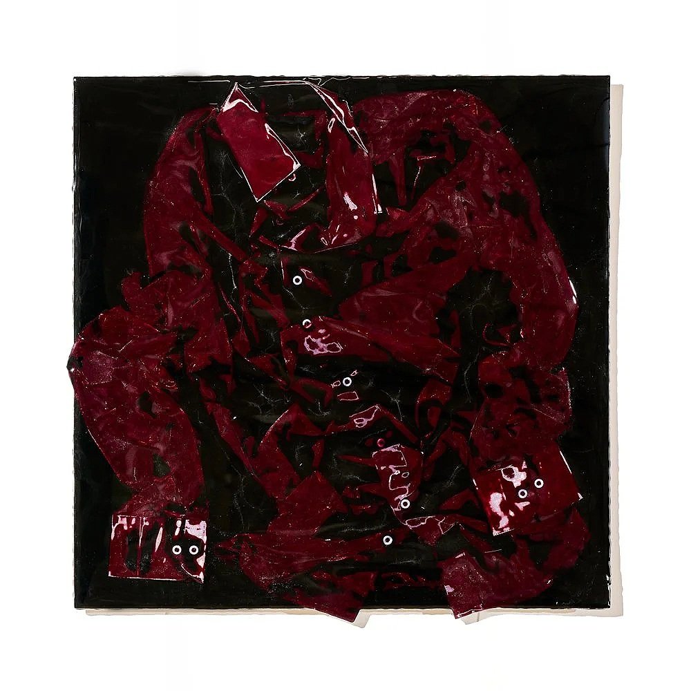 Maroon Shirt (2026) 24" x 24" Epoxy impregnated and compressed shirt on aluminum composite sheet