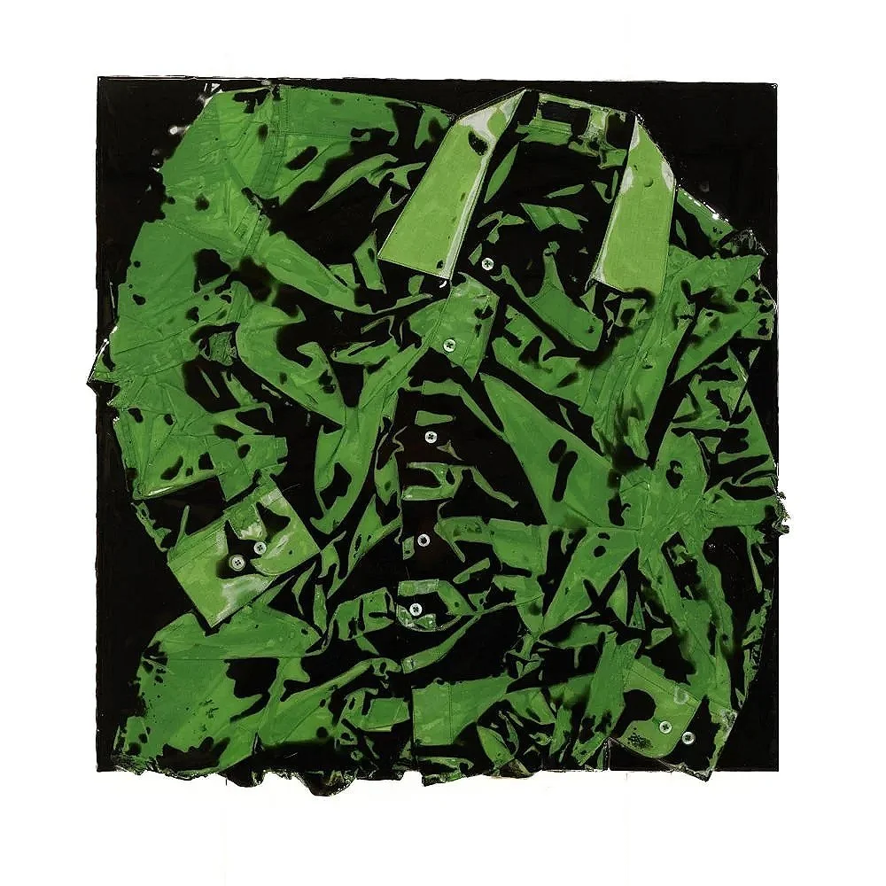 Green Shirt (2026) 24" x 24" Epoxy impregnated and compressed shirt on aluminum composite sheet