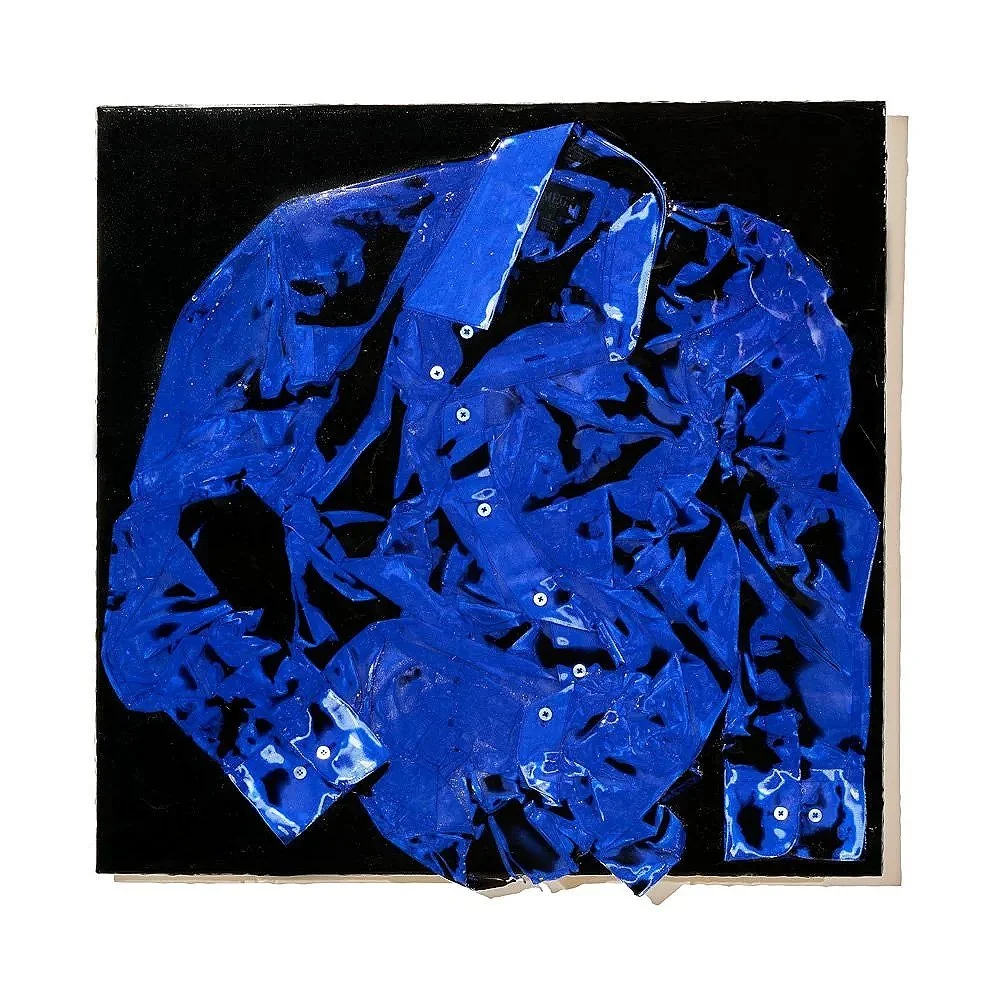 Blue Shirt (2026) 24" x 24" Epoxy impregnated and compressed shirt on aluminum composite sheet