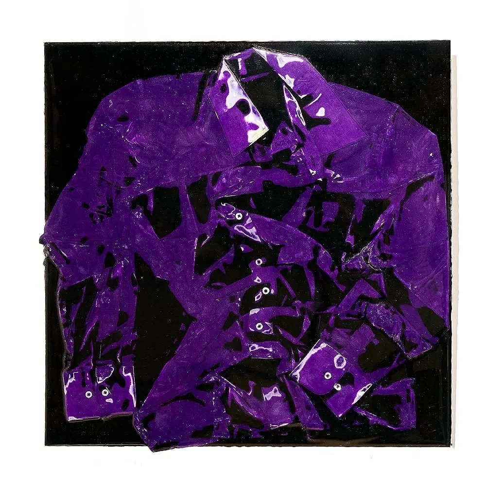 Purple Shirt (2026) 24" x 24" Epoxy impregnated and compressed shirt on aluminum composite sheet 