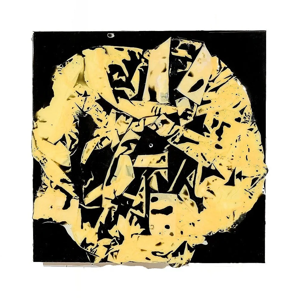 Yellow Shirt (2026) 24" x 24" Epoxy impregnated and compressed shirt on aluminum composite sheet