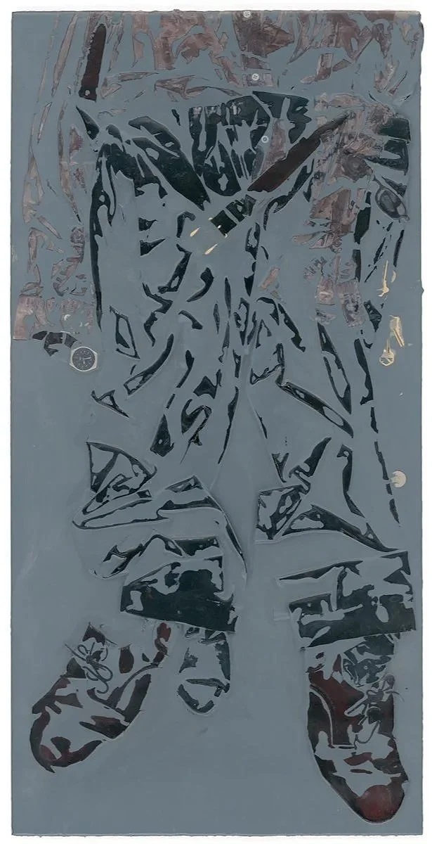 Home from Work 1  (2019) 24" x 48"  Fabric, shoes and pocket contents in tinted epoxy on plywood