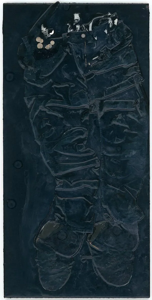 Home from Work 2 (2019) 24" x 48"  Fabric, shoes and pocket contents in tinted epoxy on plywood
