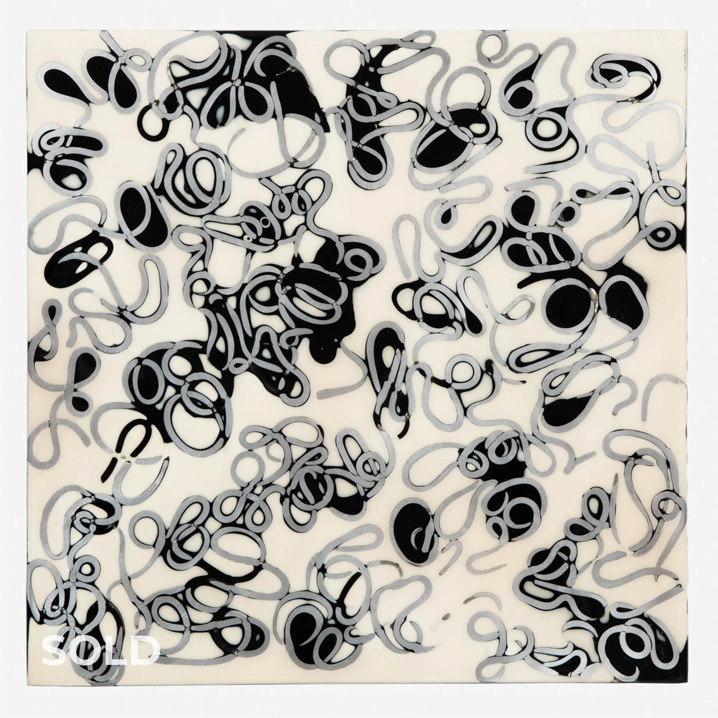 Silver Curls on White and Black (2002 12" x 12" Tinted epoxy and aluminum wire on aluminum plate