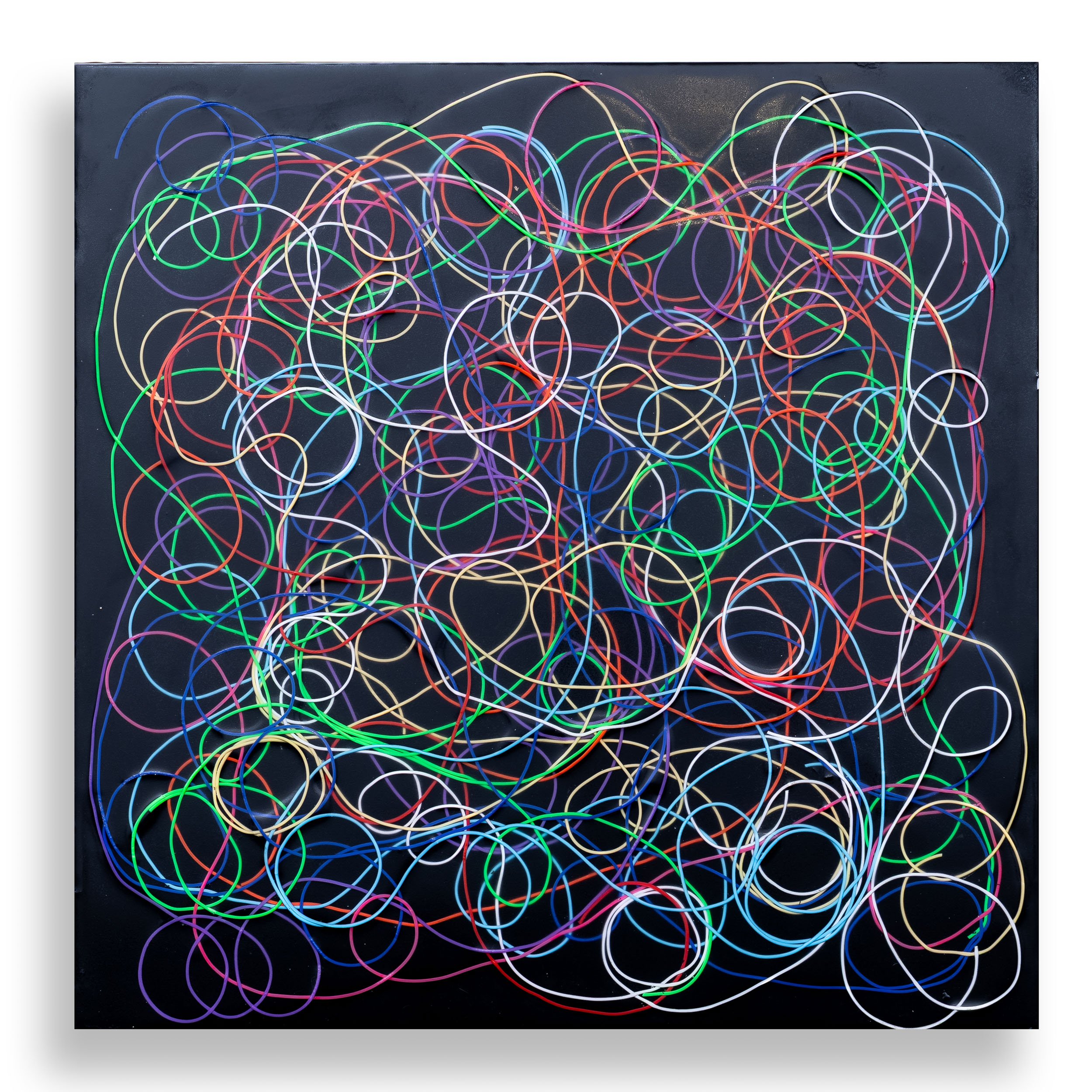 Multi Color Swirls on Black (2025) 24" x 24" monofilament in tinted epoxy on ACM