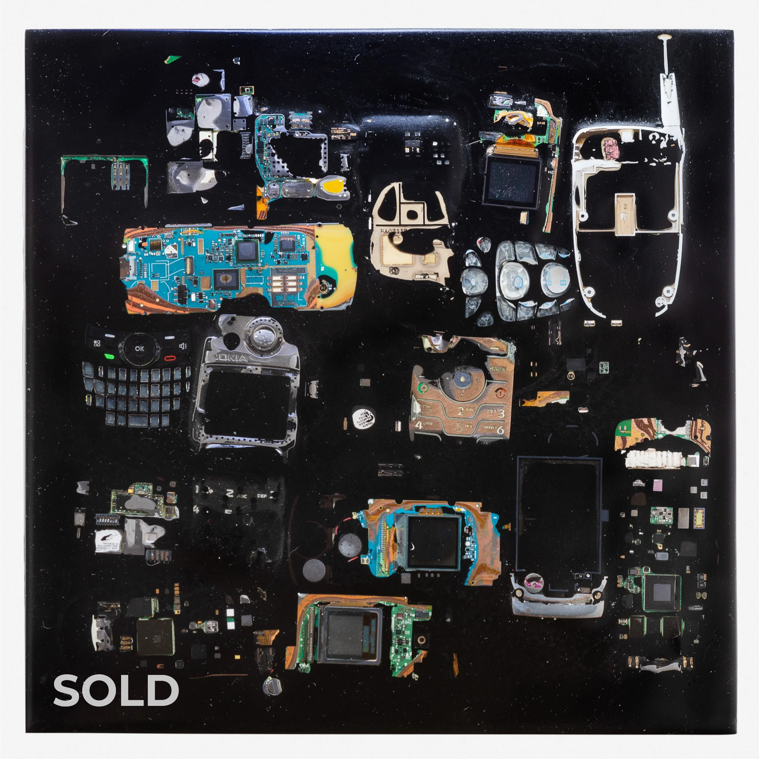 Talk Talk 1 (2007) 12" x 12"  4  deconstructed cell phones in tinted epoxy on aluminum sheet