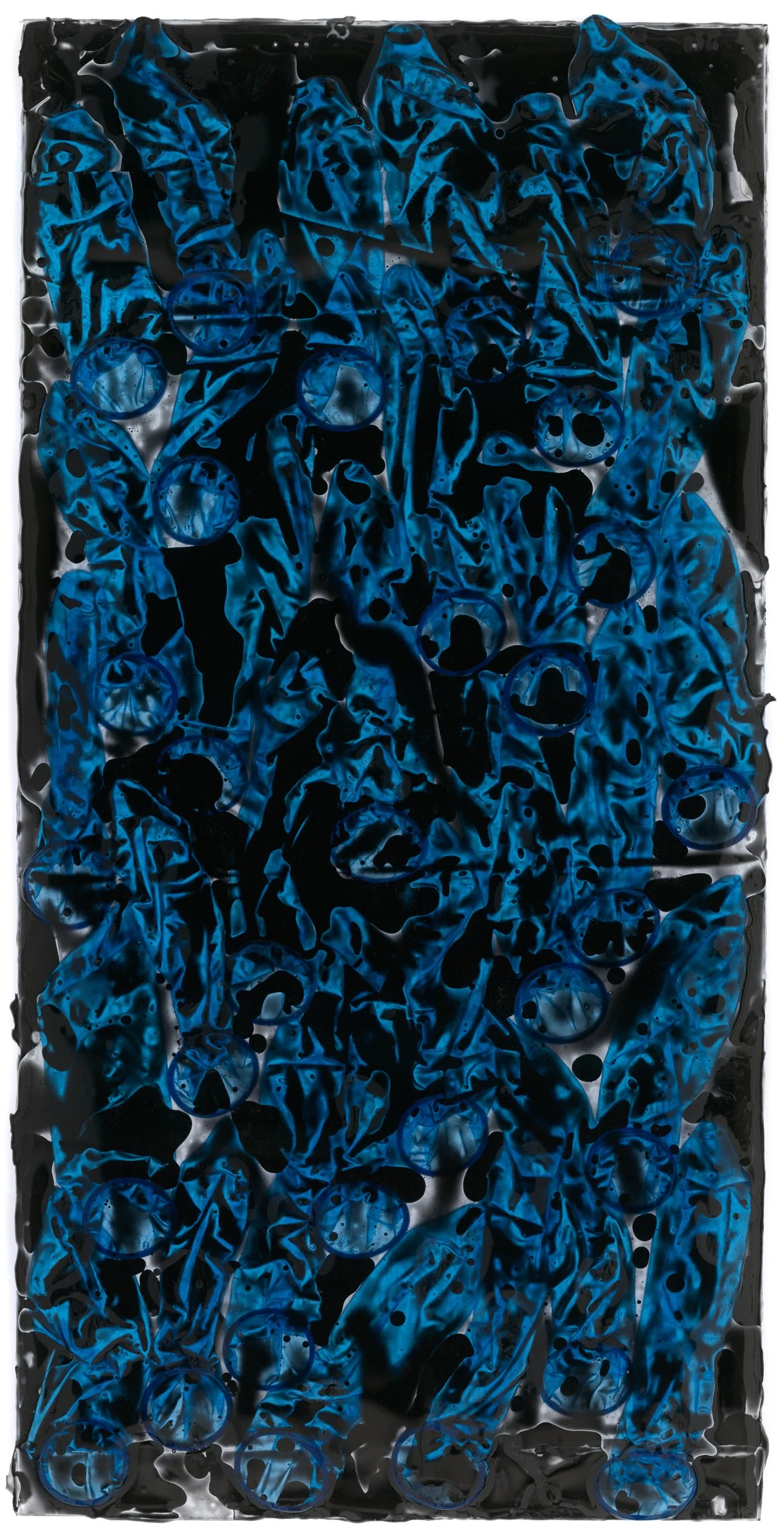 Stained Glass Blue (2026) 12"x24" Colored condoms in tinted epoxy on glass