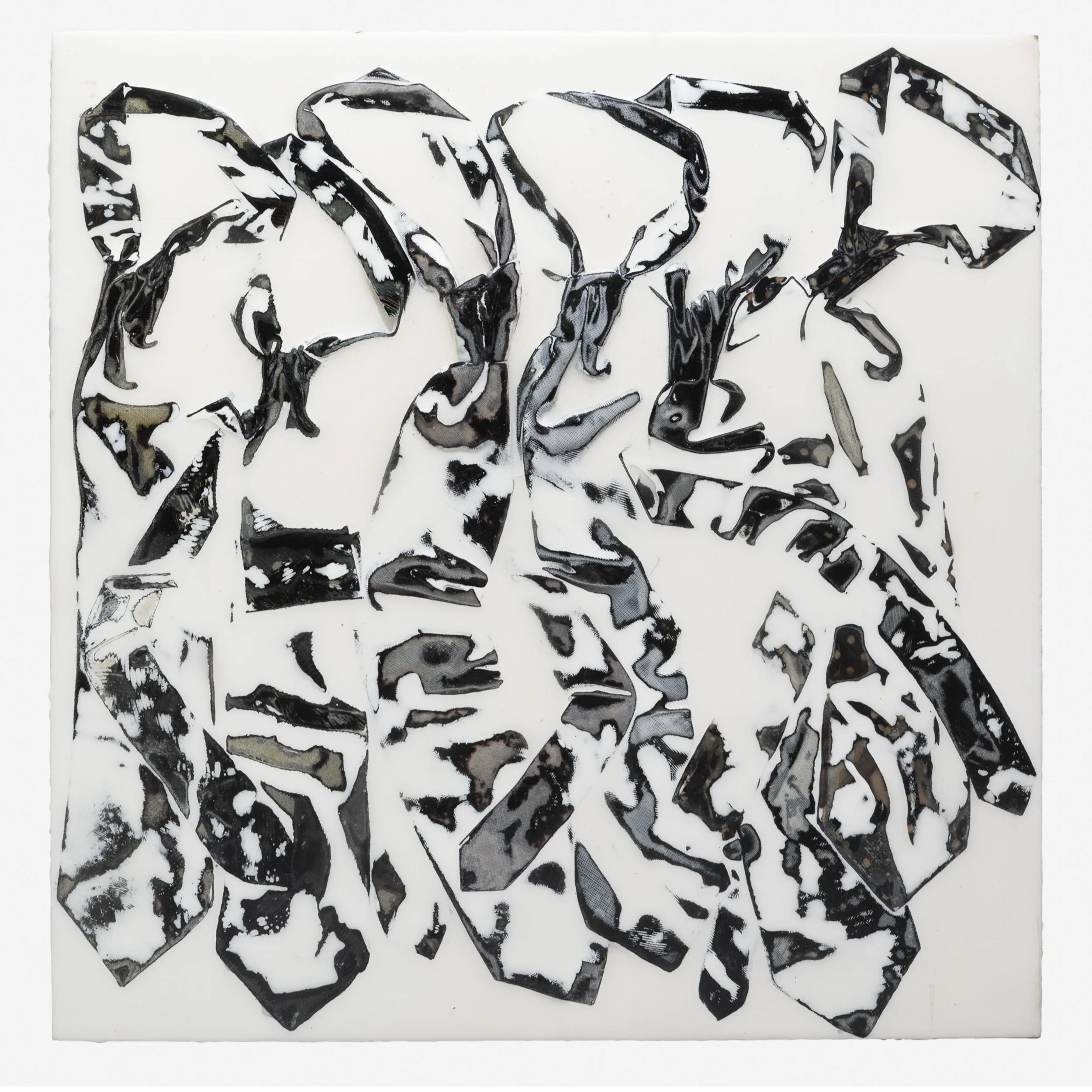 On the Train (2024) 24" x 24" Epoxy impregnated and compressed ties on plywood