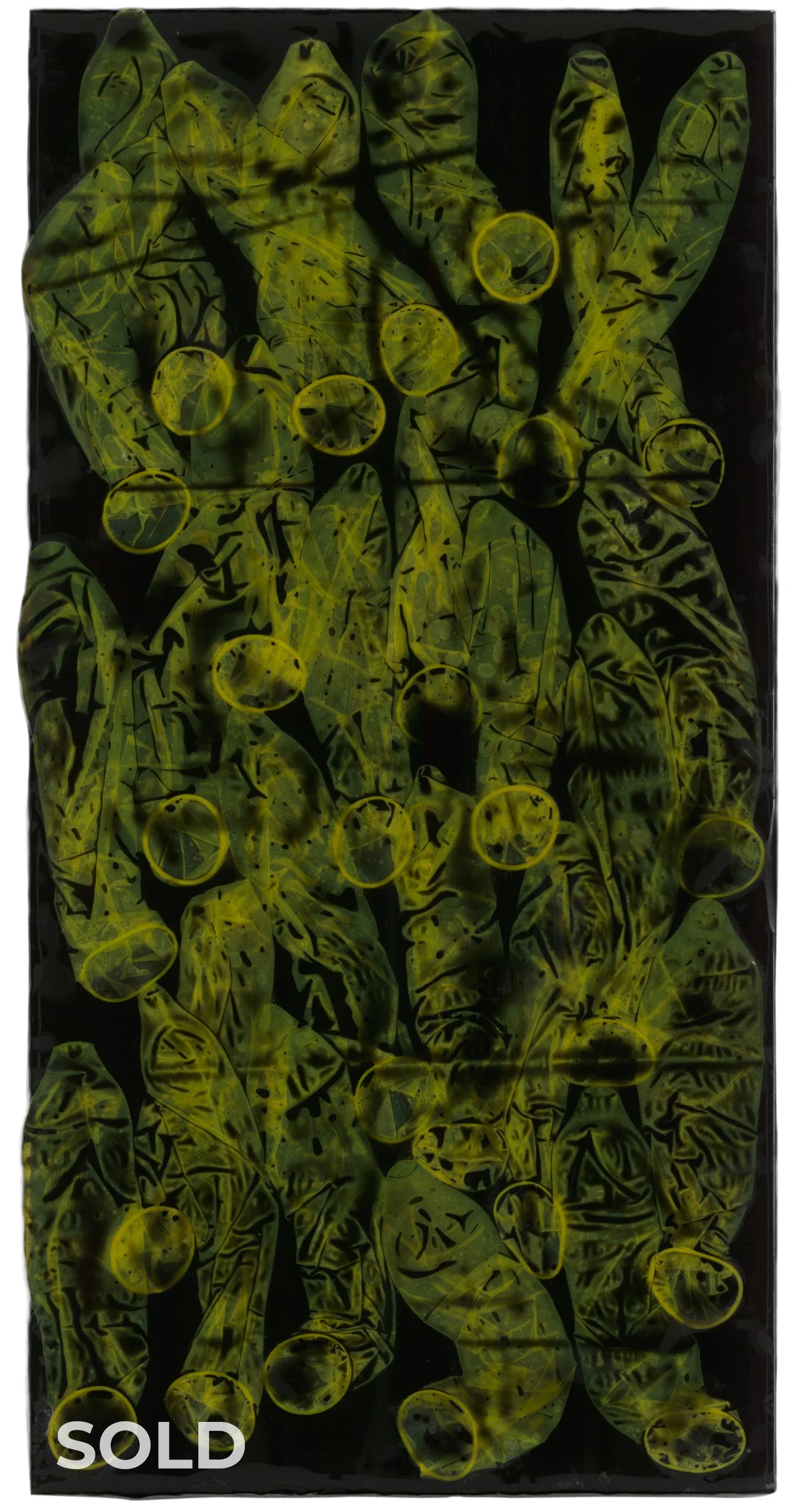 Yellow Swimmer (2026) 12" x 24" Colored condoms in tinted epoxy