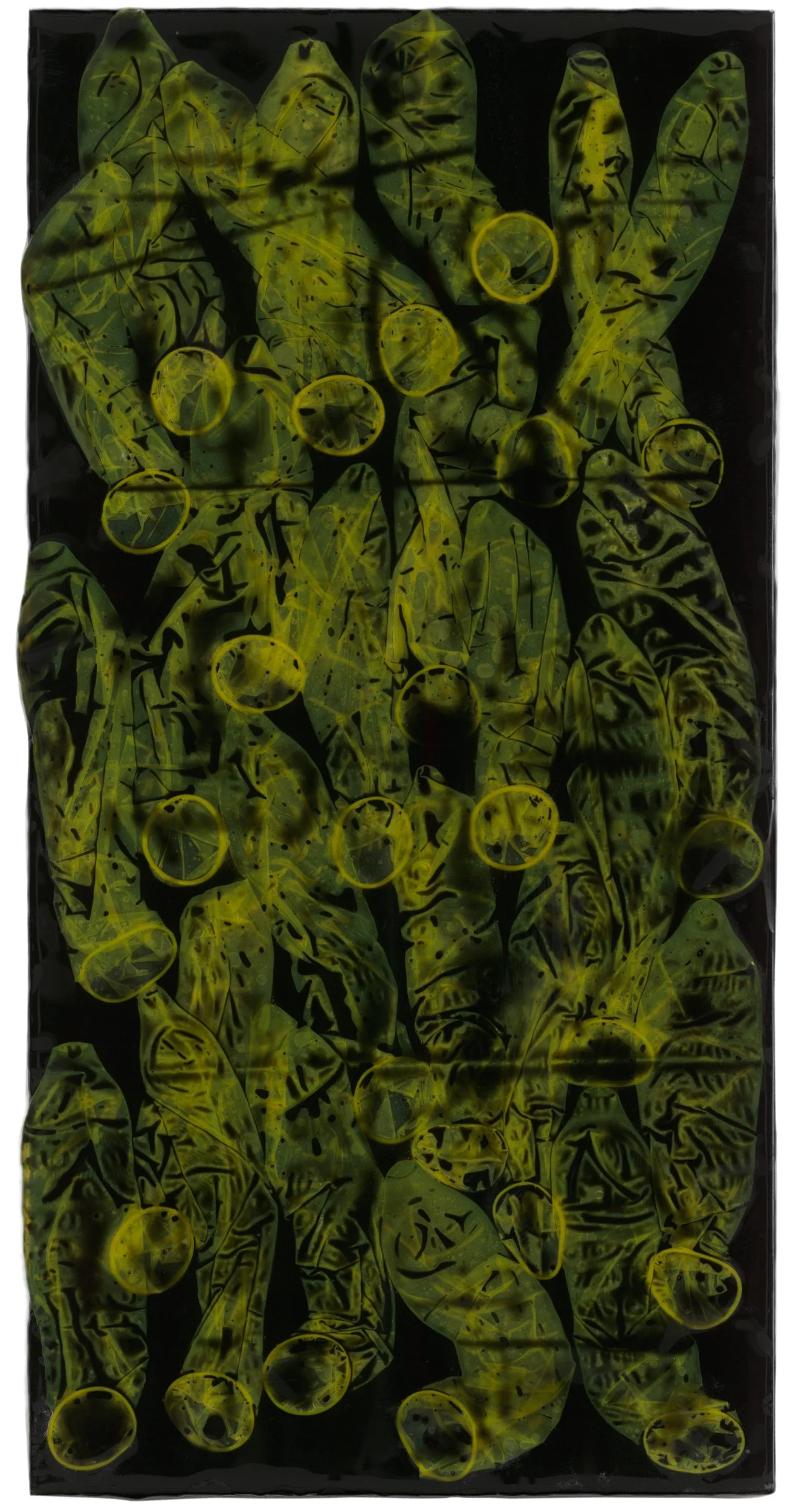 Yellow Swimmer (2006) 12" x 24" Colored condoms in tinted epoxy