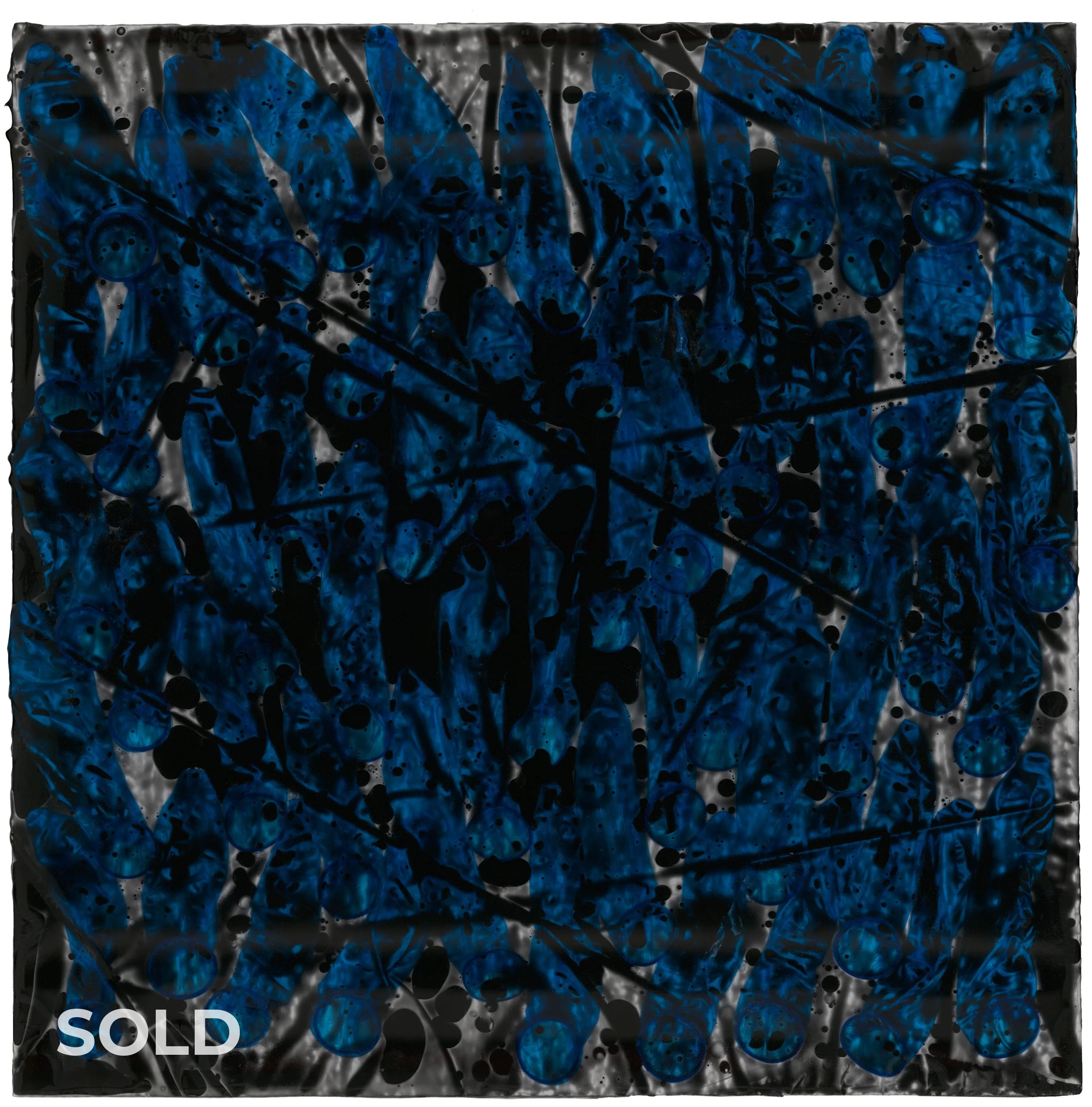 Blue Swimmer (2026) 24" x 24" Colored condoms in tinted epoxy