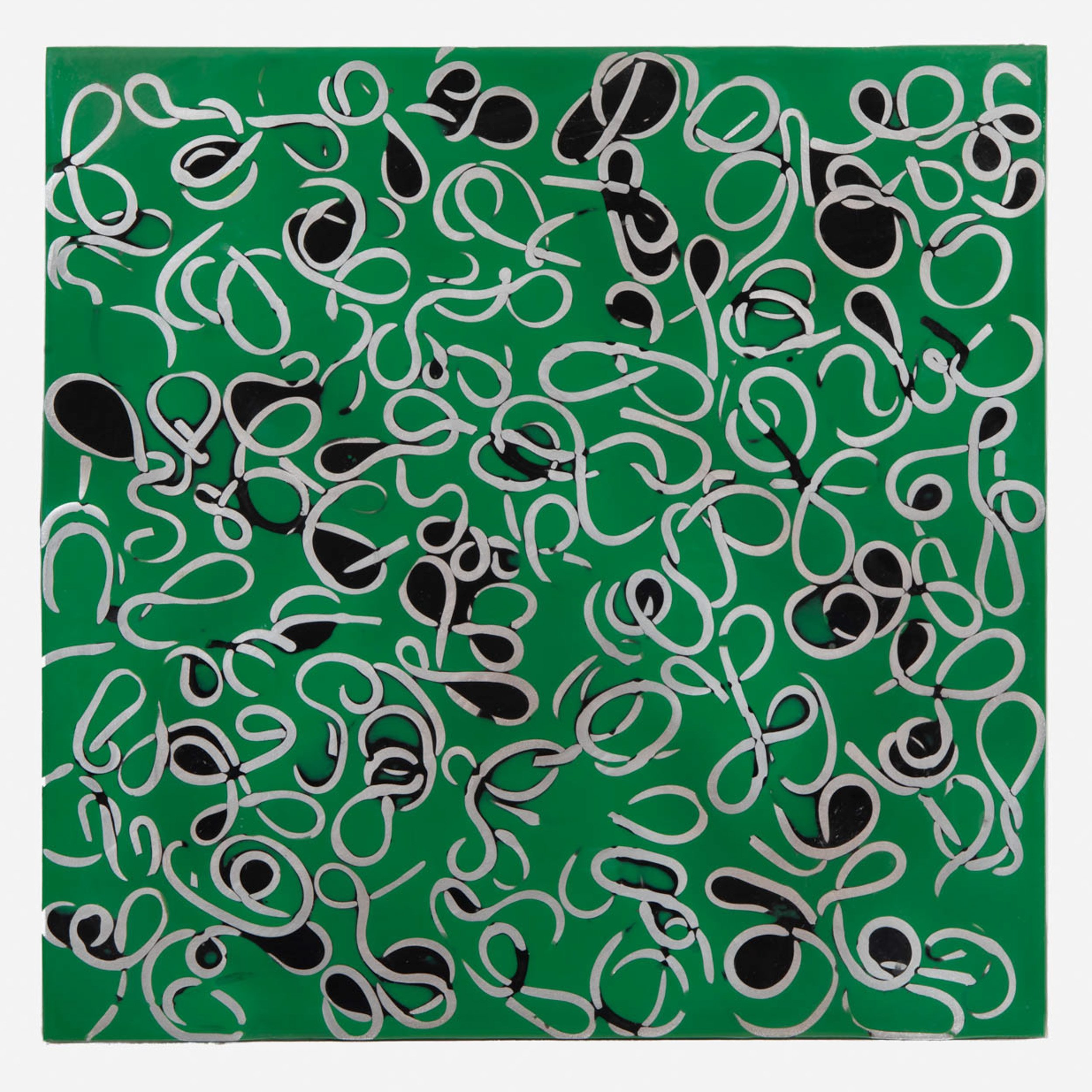 Silver Curls on Black and Green (2001) 12" x 12"  Tinted epoxy and aluminum wire on aluminum plate