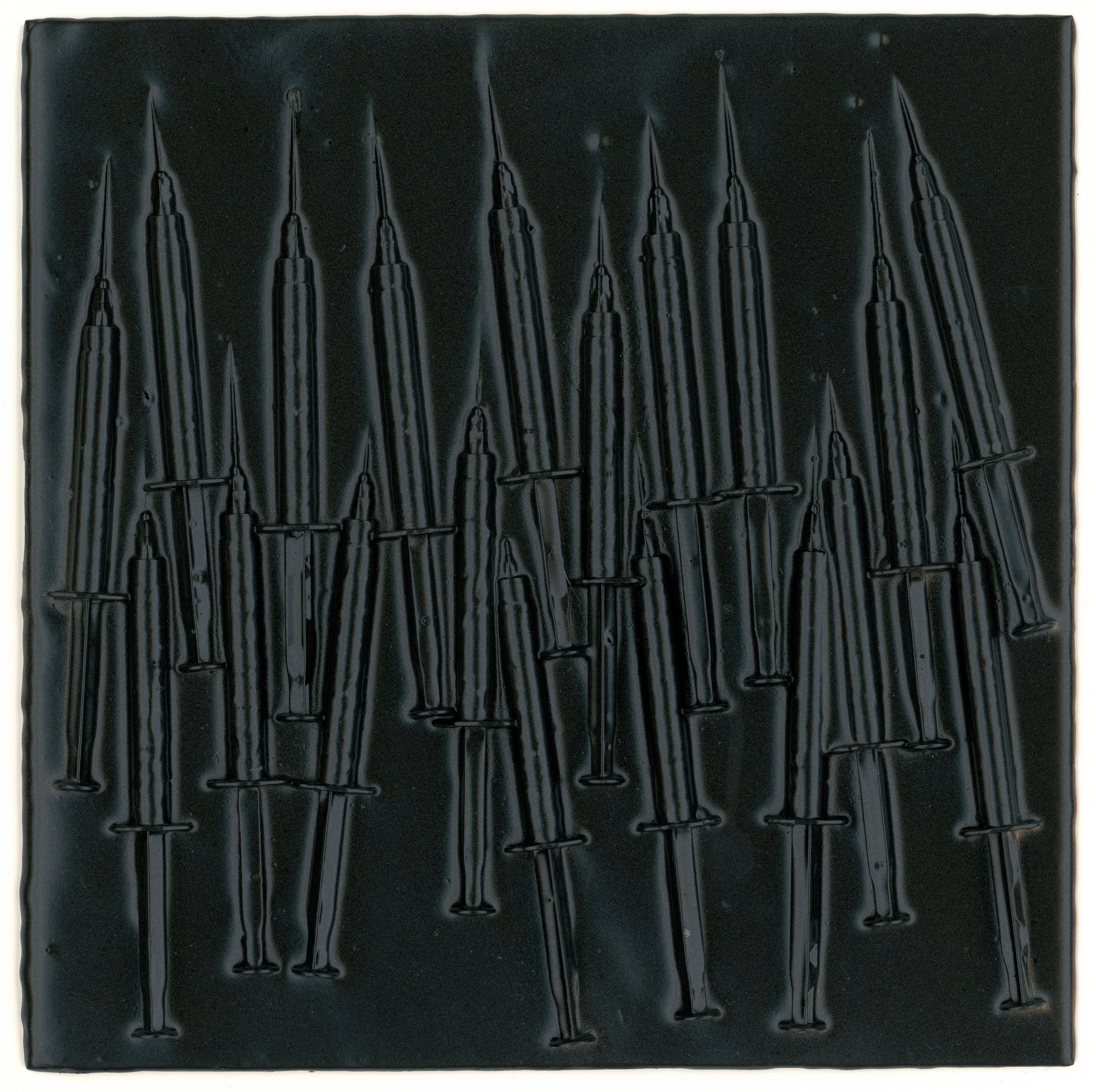Syringe Fossil (2025) 12" x 12" syringes in tinted epoxy and paint on ACM