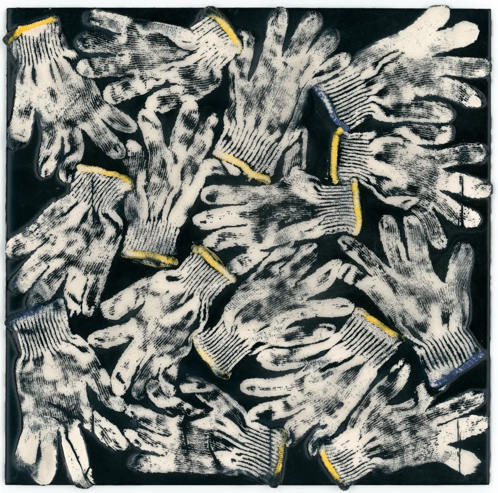 White on Black Hands (2023) 24" x 24" cotton gloves in tinted epoxy on ACM