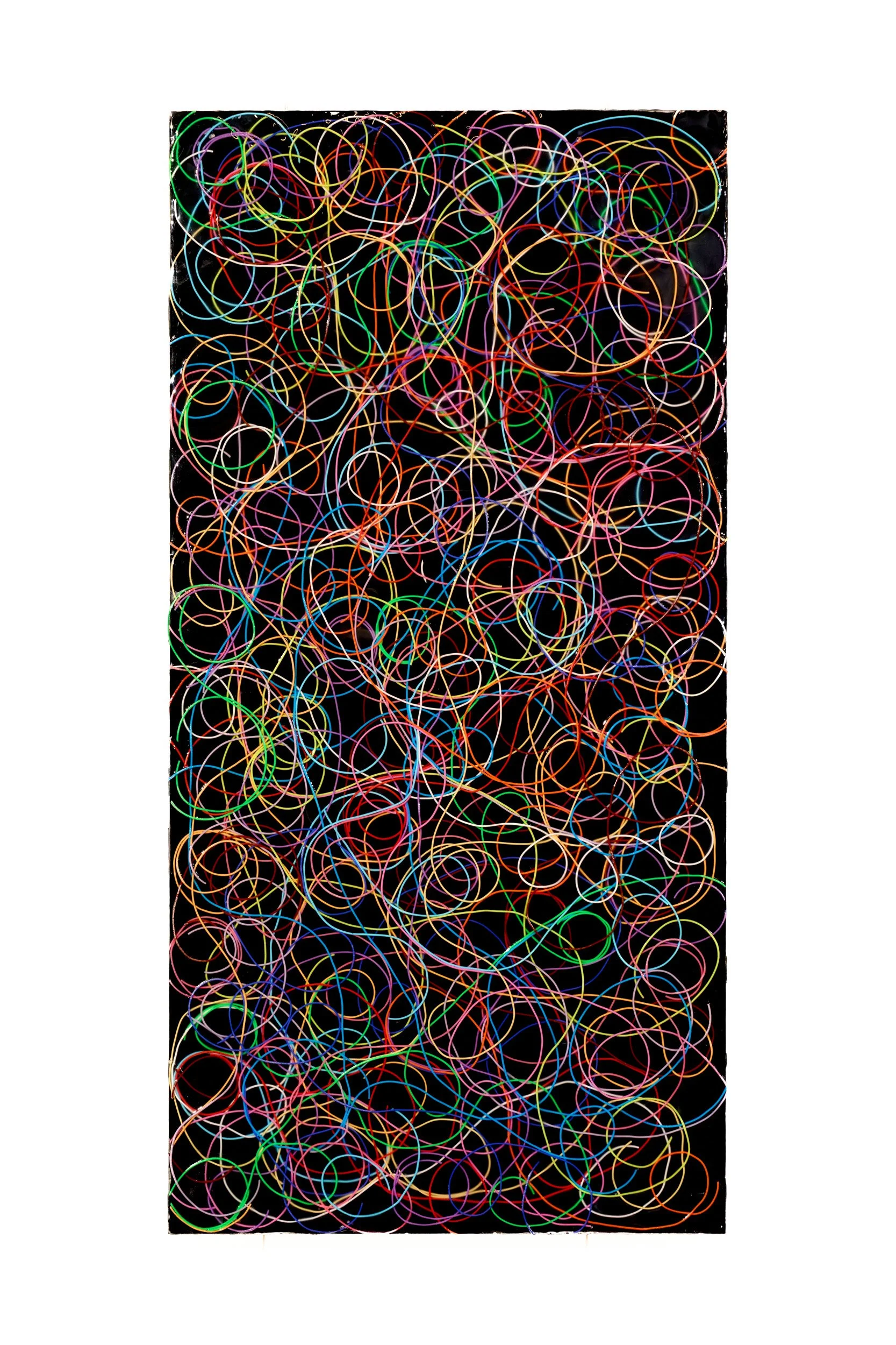 Multi Color Swirls on Black (2025) 24" x 48" monofilament in tinted epoxy on ACM