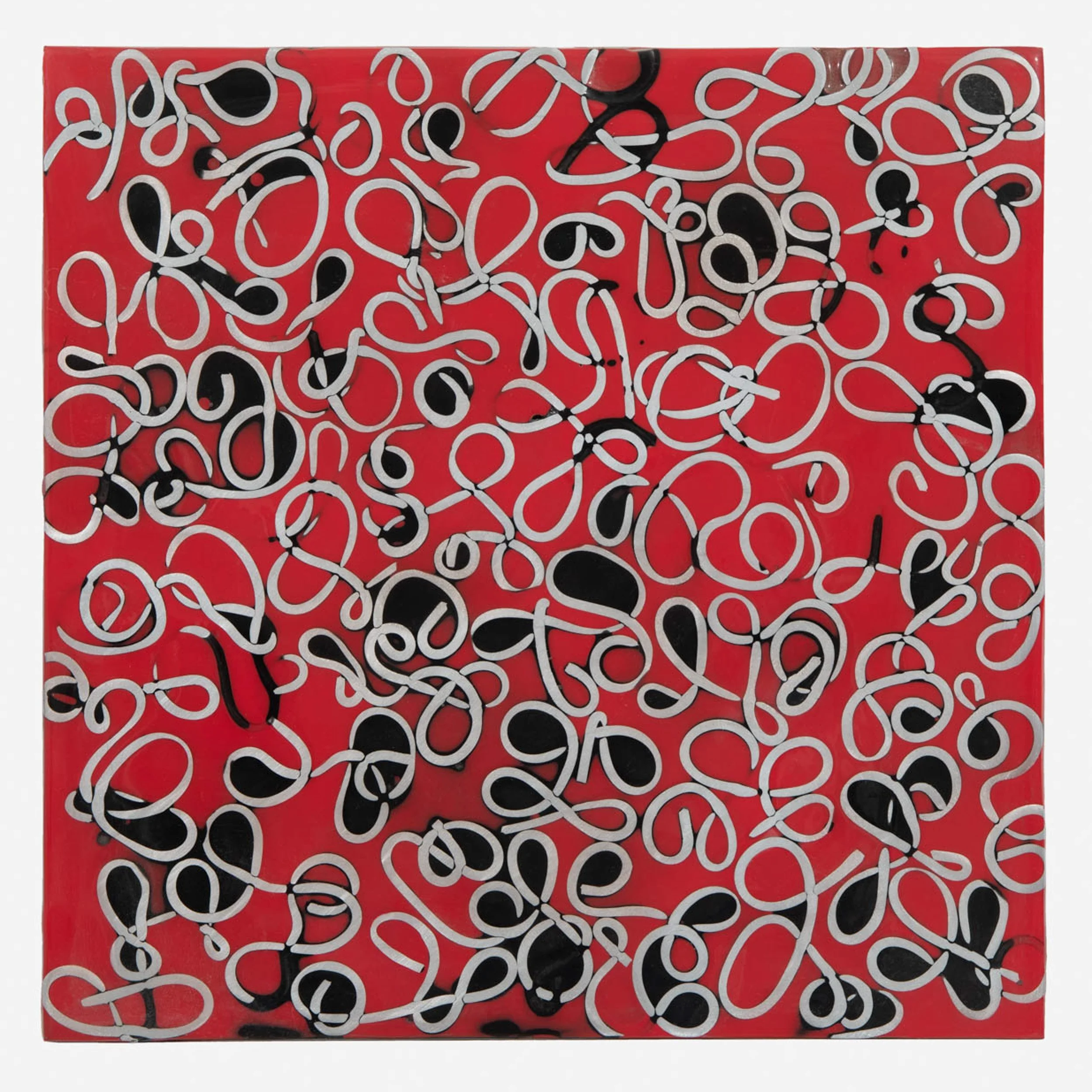 Silver Curls on Red and Black (2001) 12" x 12" Tinted epoxy and aluminum wire on aluminum plate