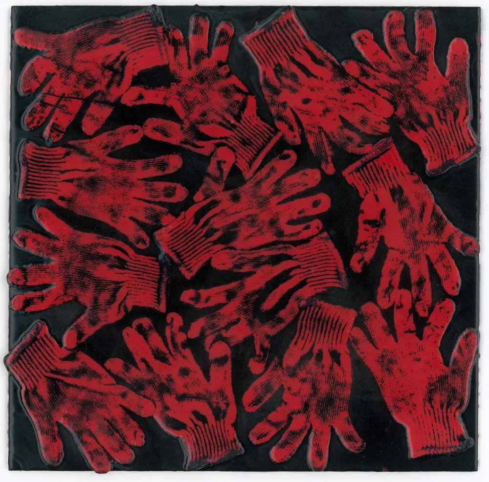 Red on Black Hands (2023) 24" x 24" cotton gloves in tinted epoxy on ACM