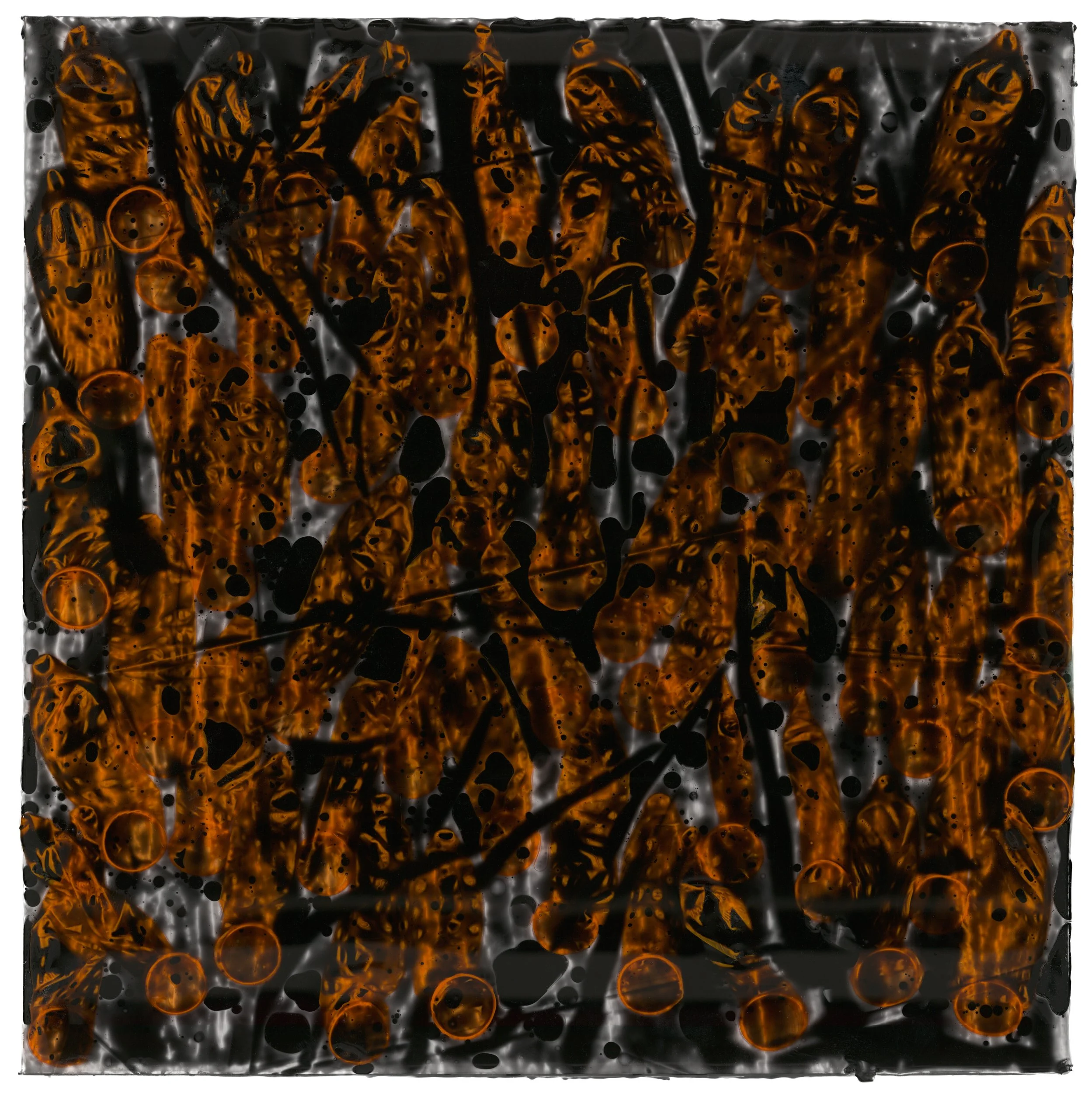 Orange Swimmer (2006) 24" x 24" Colored condoms in tinted epoxy