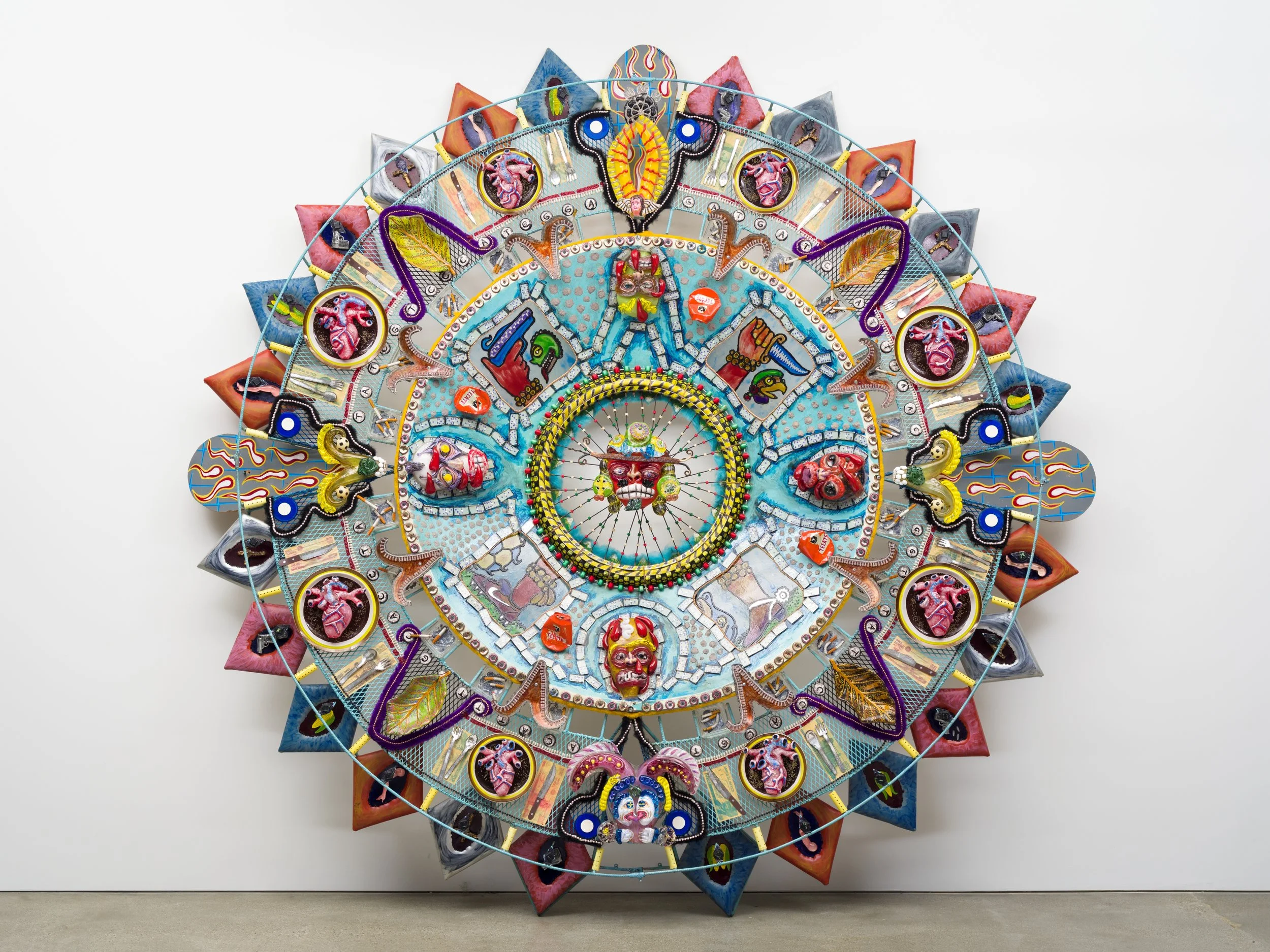 Einar de la Torre (American, born Mexico, 1963), and Jamex de la Torre (American, born Mexico, 1960).  Oxymodern (Aztec Calendar) , 2002. Blown-glass, mixed-media wall installation. 120 × 120 × 12 in. Courtesy of the Cheech Marin Collection and River