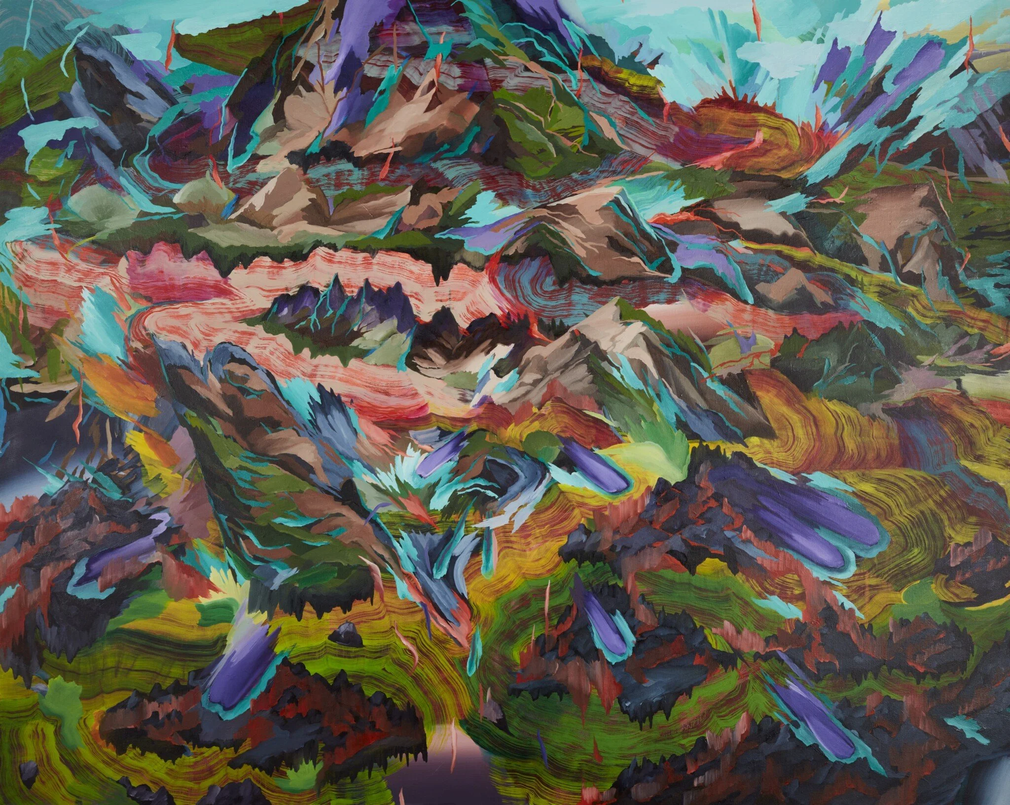 A painting of abstracted explosions of color and line.