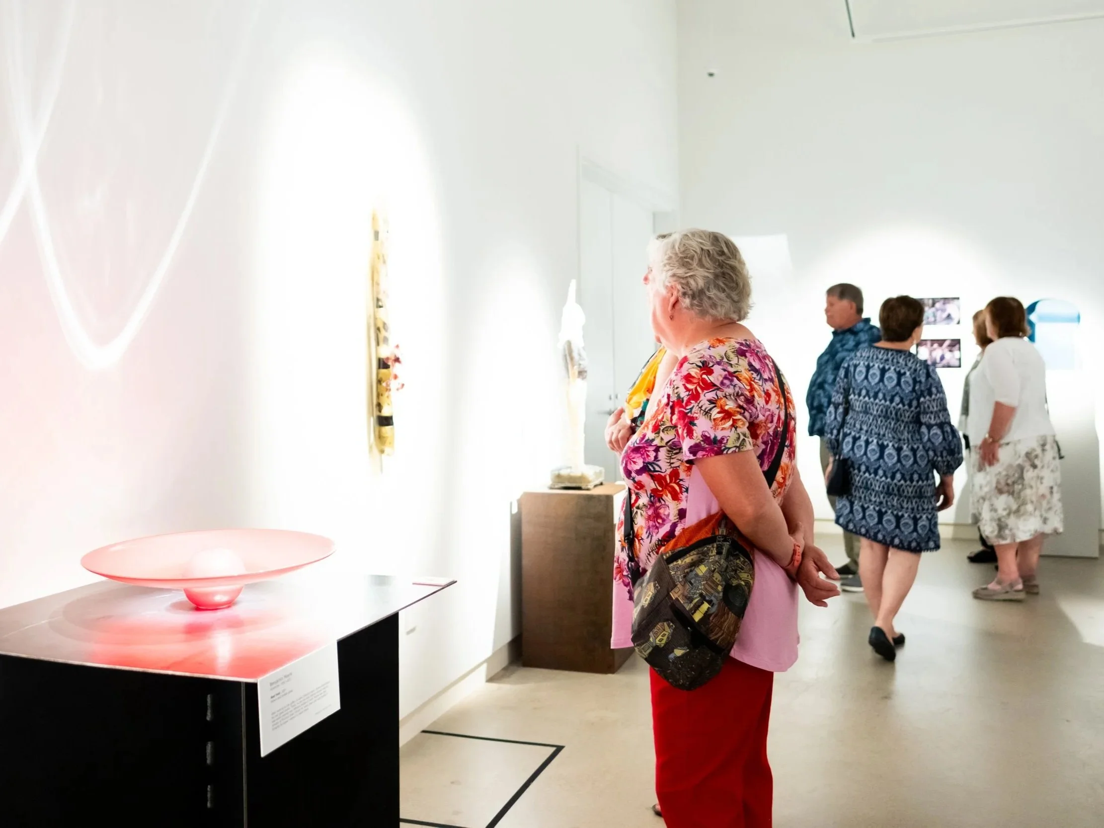 People viewing artwork in a gallery, with a woman in a floral top and red skirt in the foreground and others in the background, a pink bowl on a textured black and white display table.