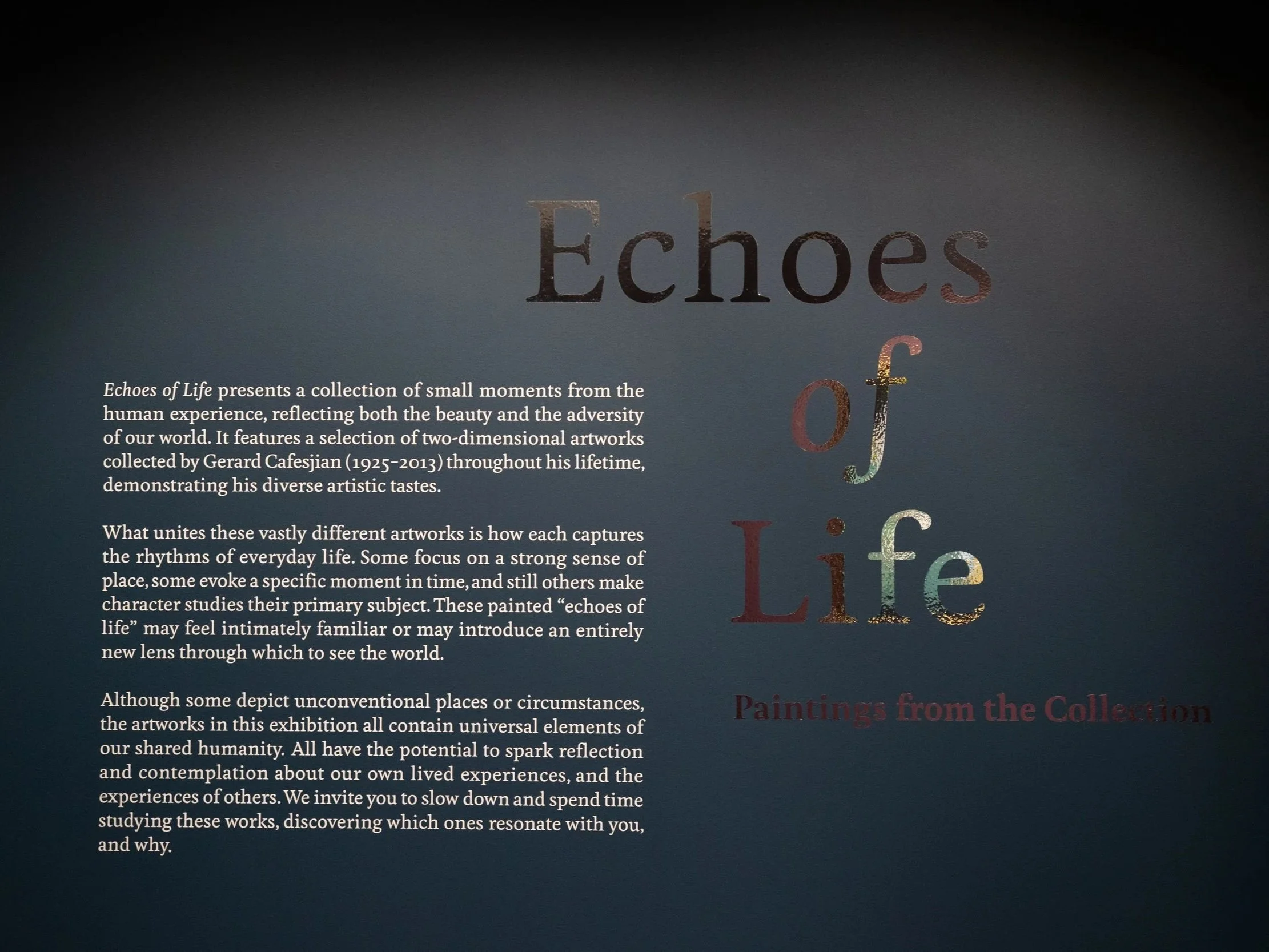 A dark exhibition poster with the title 'Echoes' in large, colorful, textured letters. The subtitle reads 'Paintings from the Collection'. The background is gradient dark, and there is descriptive text about the exhibition's theme and featured artwor