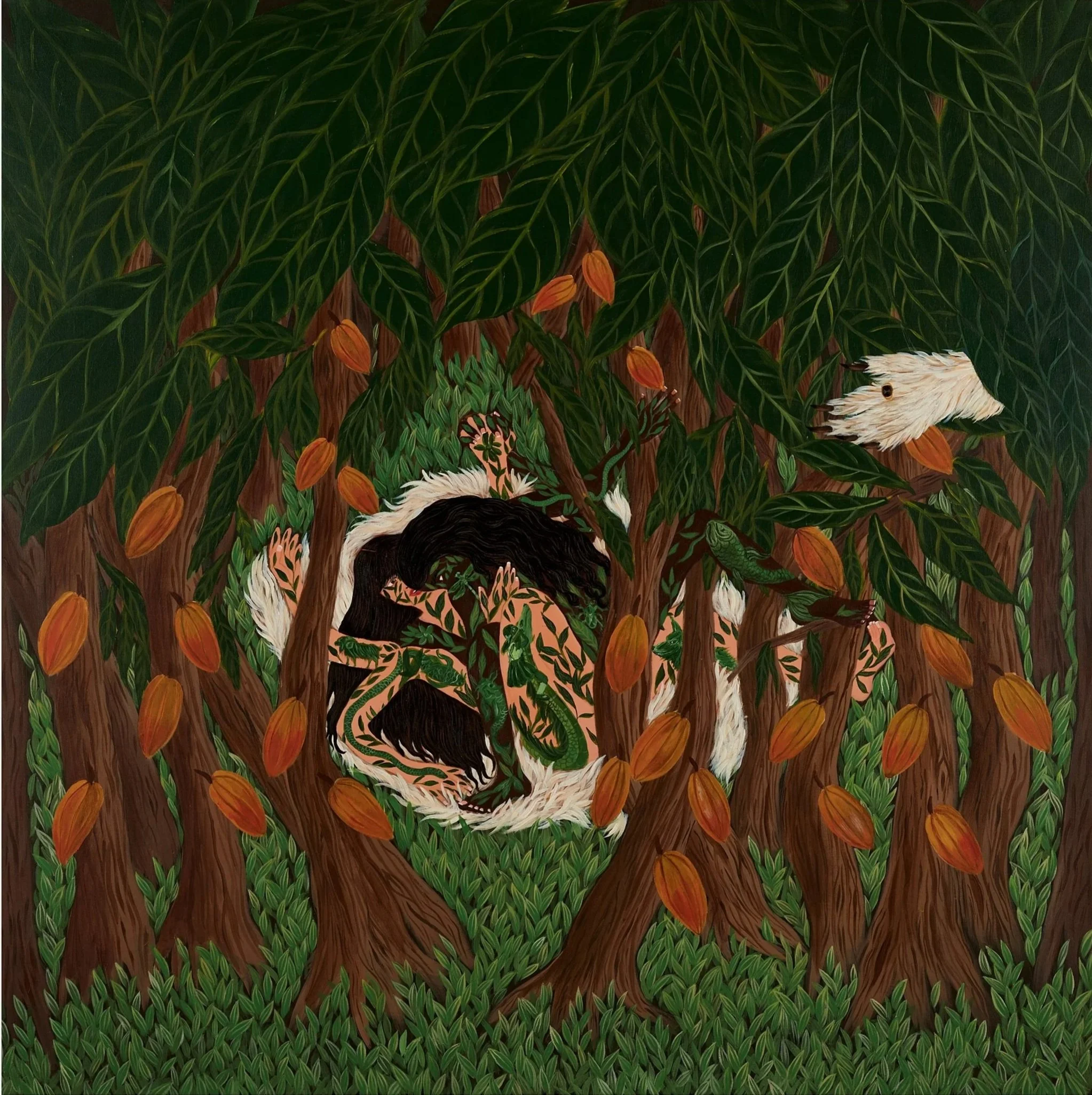 Kelly Sinnapah Mary (Guadeloupean, born
1981).  She taught me to listen to the wind ,
2023. Oil on canvas. 47 x 47 inches. Cafesjian Art Trust Museum, 2025.041.1. © Kelly Sinnapah Mary