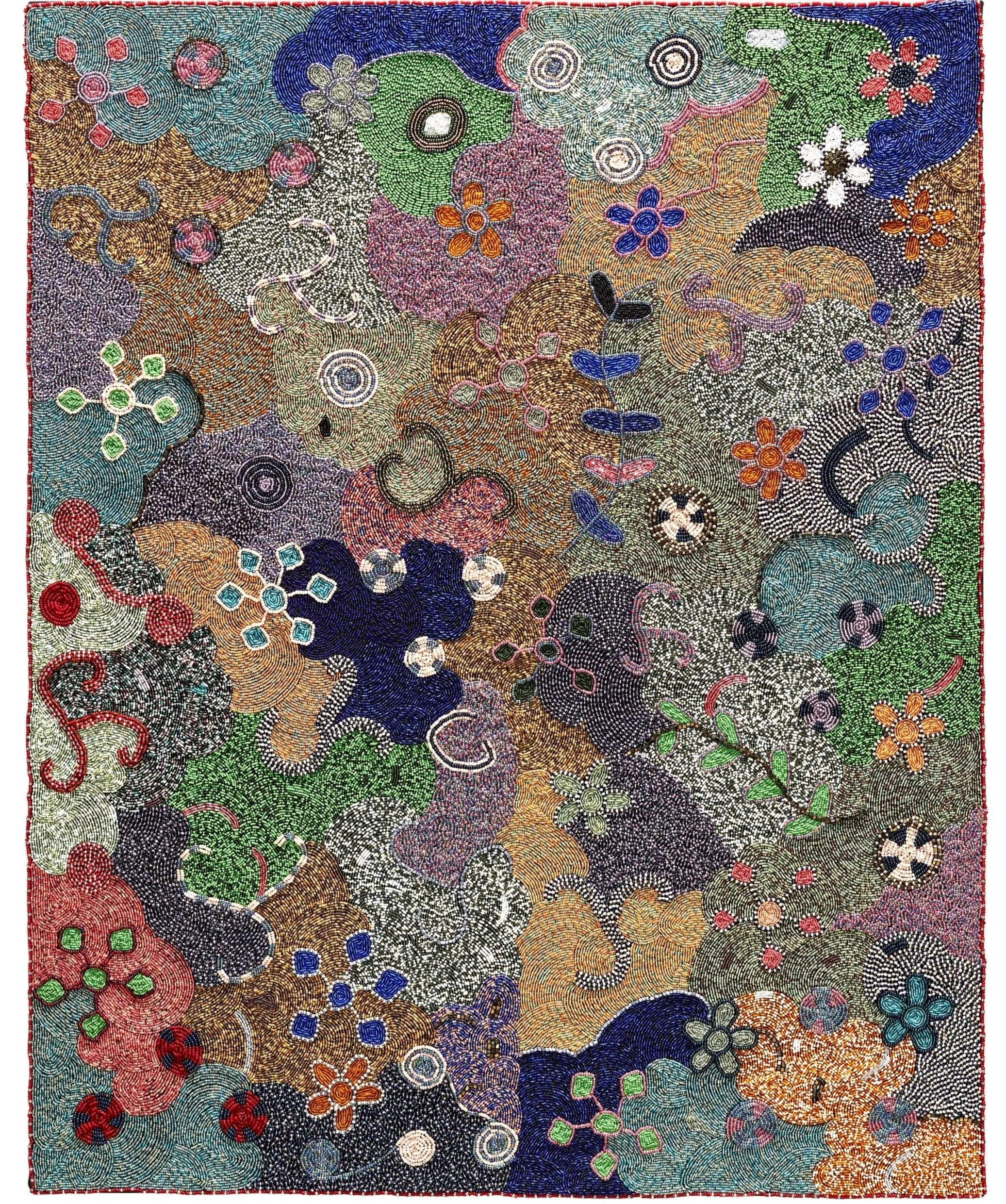  Thando Ntobela (Mpondo Xhosa, born 1979) 
 Puzzles Circles and Patterns  , 2019. Glass beads on canvas, 39 ¾ x 31 5/8 x 1 1/4 inches. Cafesjian Art Trust Museum, 2025.414.1. © Thando Ntobela
