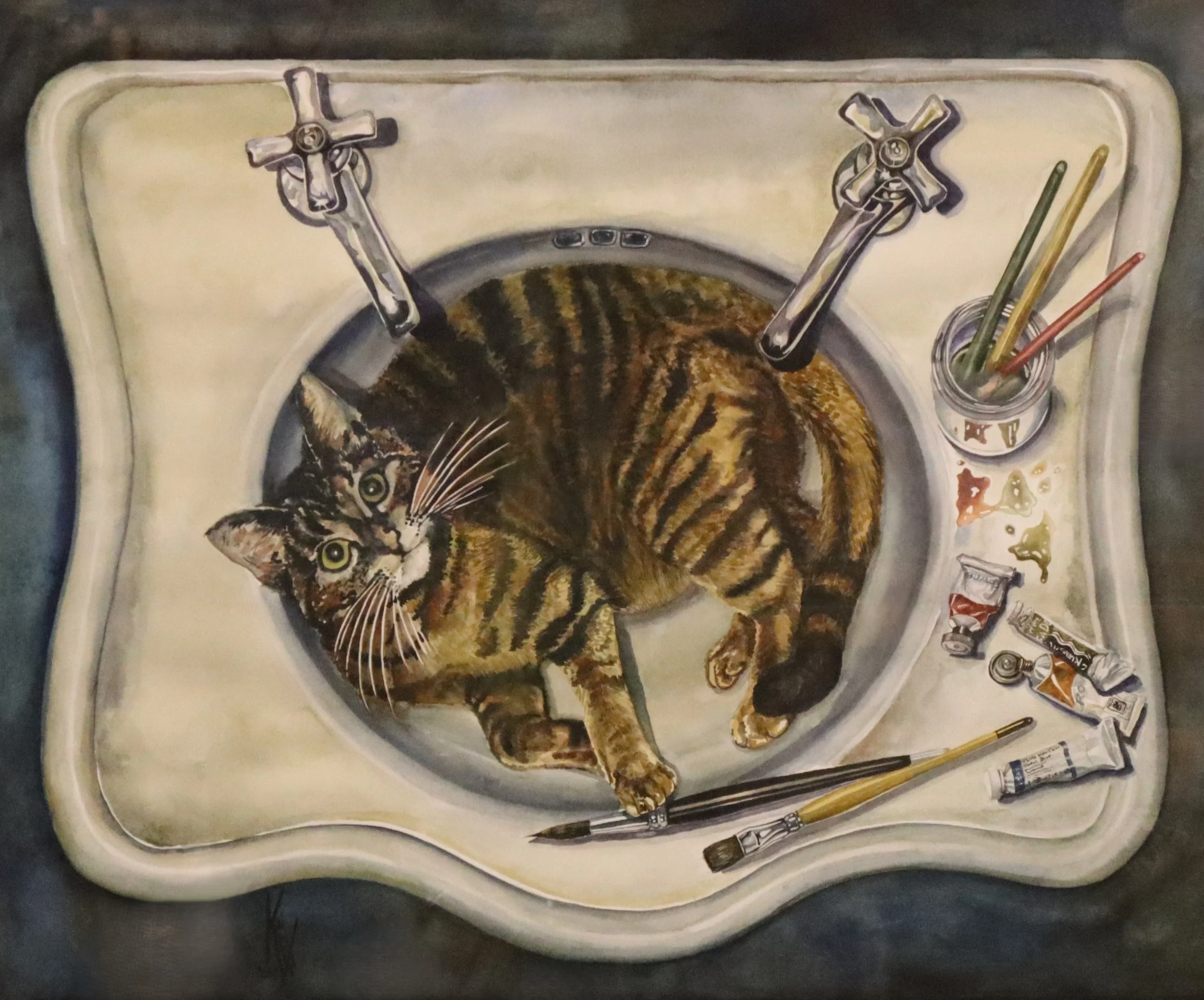  Paul Kellett (American).  Cat in Basin , 2004. Watercolor on paper. H: 21 in., W: 25 in. Cafesjian Art Trust, 2024.293.1. 