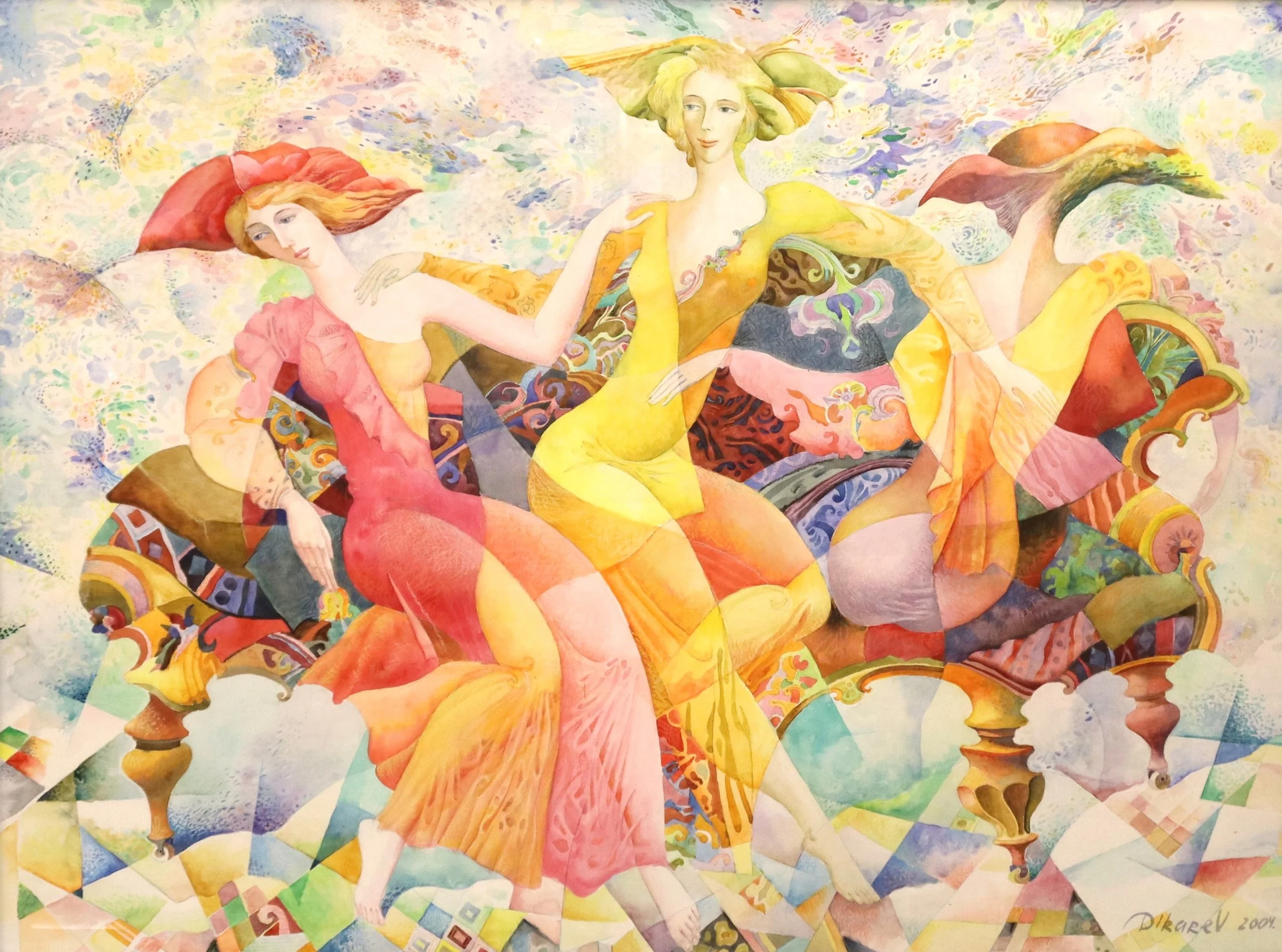  Vladimir Dikarev (Ukranian, born 1949).  Three Sisters , 2004. Watercolor and colored pencil on paper. H: 30 in., W: 40 in. Cafesjian Art Trust, 2024.297.1 