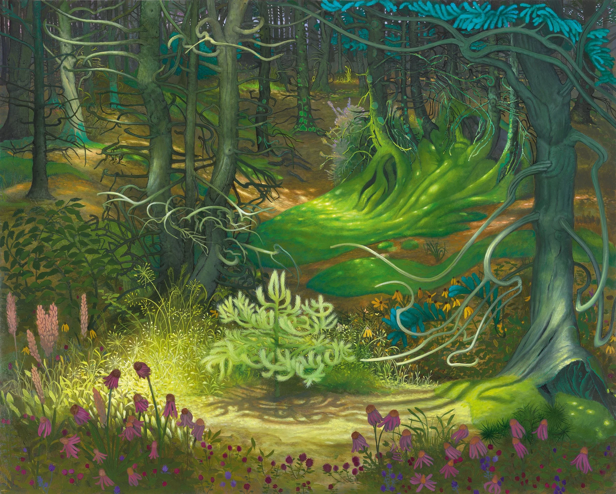 Inka Essenhigh (born 1969).  Forest with Dappled Light , 2022. Enamel on canvas. 40 x 50 inches. Collection of the Farnsworth Art Museum, Rockland, Maine. Museum purchase, Lynne Drexler Acquisition Fund,
2022.30. © Inka Essenhigh / Image courtesy
of 