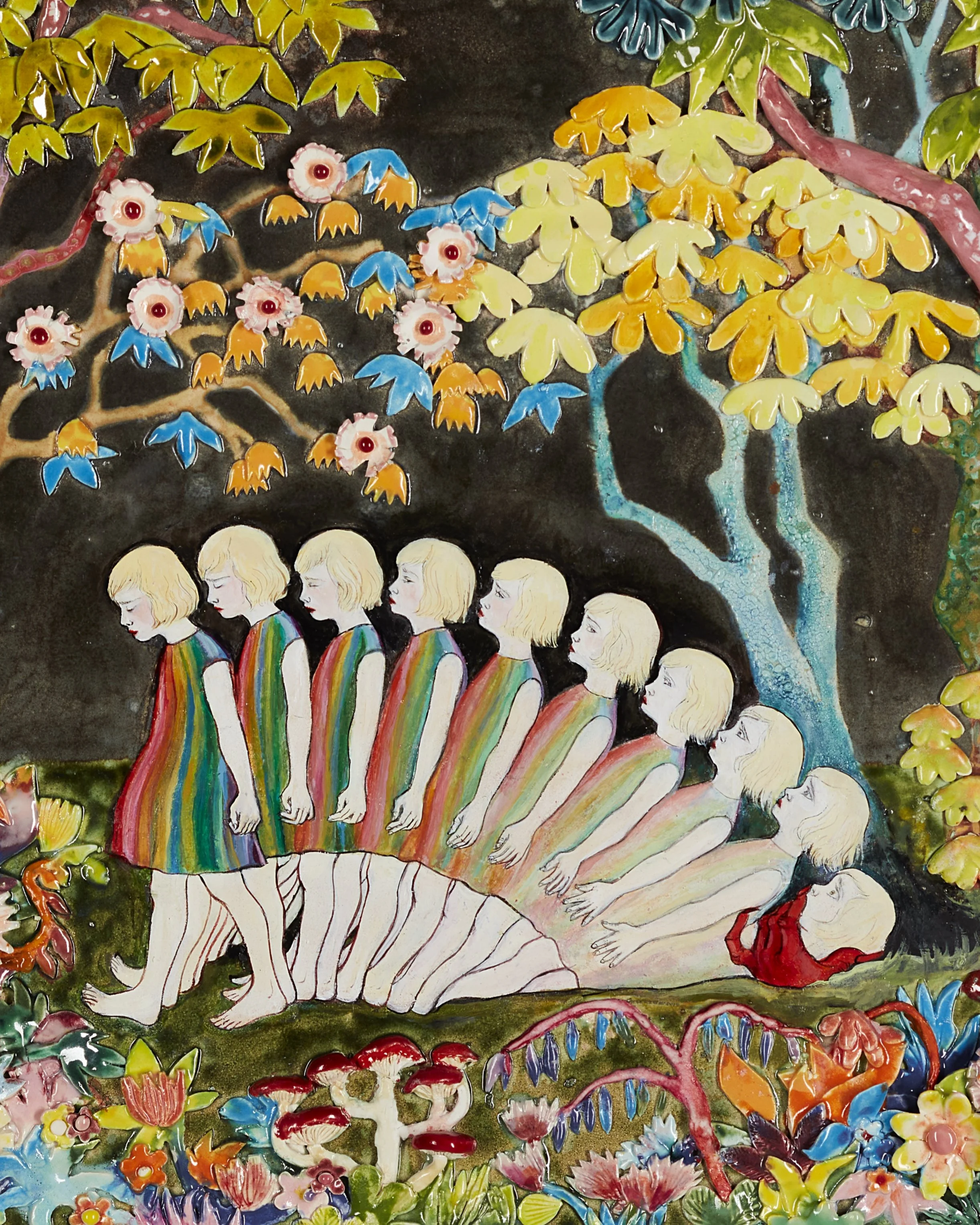 Detail of artwork by Amanda Michelle Smith with a figure cascading backward inside a colorful forest.