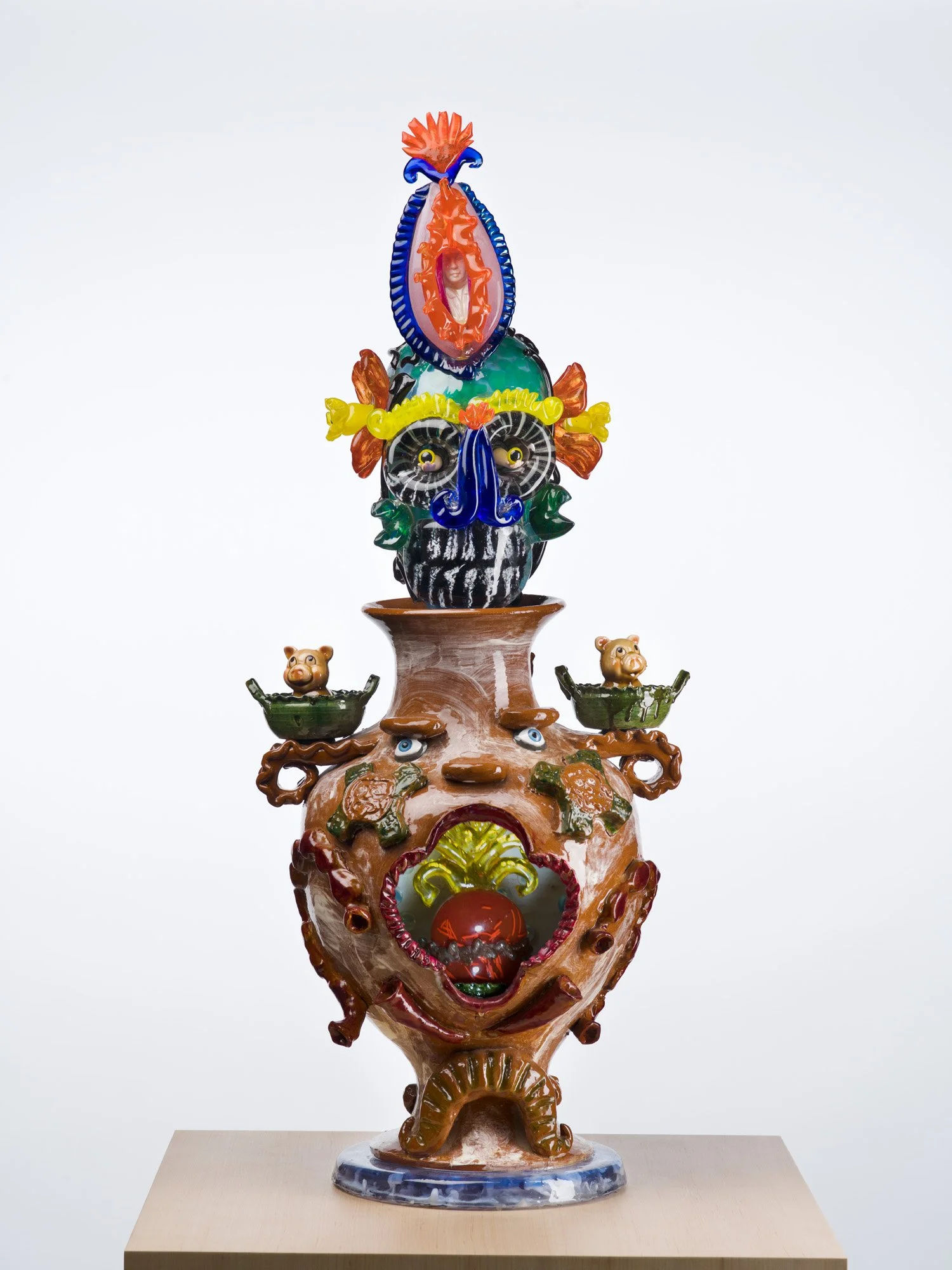 Einar de la Torre (American, born Mexico, 1963), and Jamex de la Torre (American, born Mexico, 1960).  Miclantecuhtli , 2015. Mixed-media, blown-glass, and terracotta. 41 x 16 x 12 inches. Cafesjian Art Trust Museum, 2024.370.2.