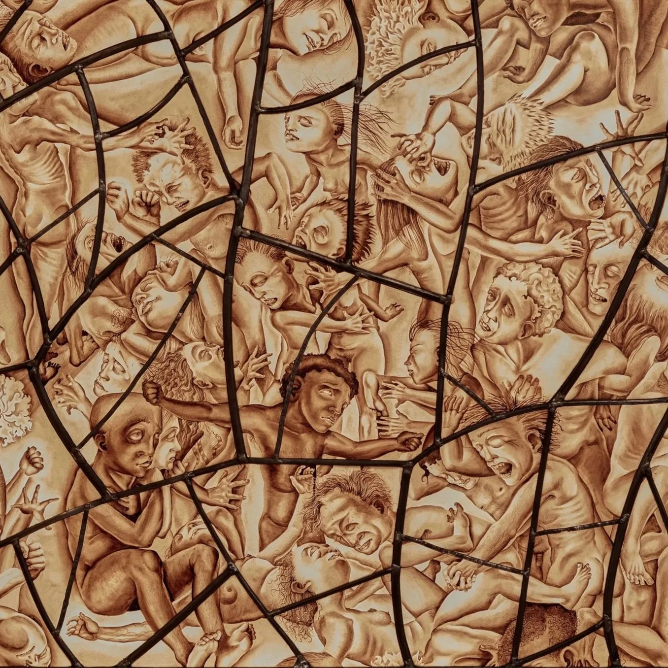 A chaotic scene of agitated, distressed human faces and figures, divided by fragments joined with black lines.