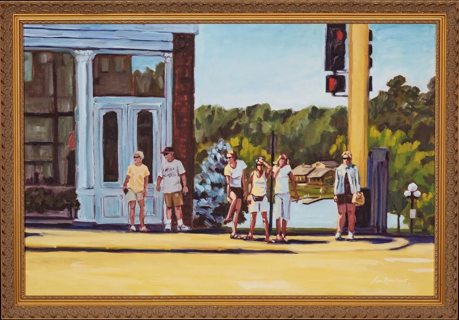 A painting of people waiting to cross the street on a sunny day.