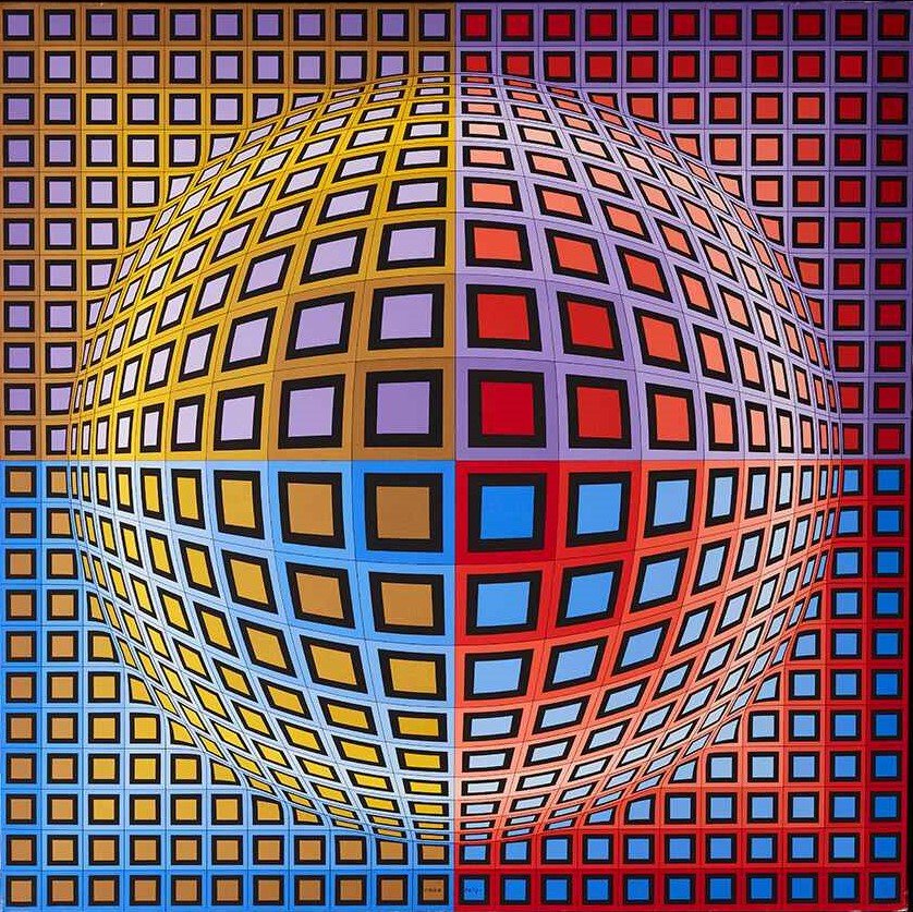 Victor Vasarely (Hungarian, 1906–1997).  Vega-Szebb (Vega is More Beautiful) , 1974. Acrylic paint on canvas. 51 3/8 × 51 3/8 × 7/8 inches. Cafesjian Art Trust, 2022.2370.1. © 2026 Artists Rights Society (ARS), New York / ADAGP, Paris 