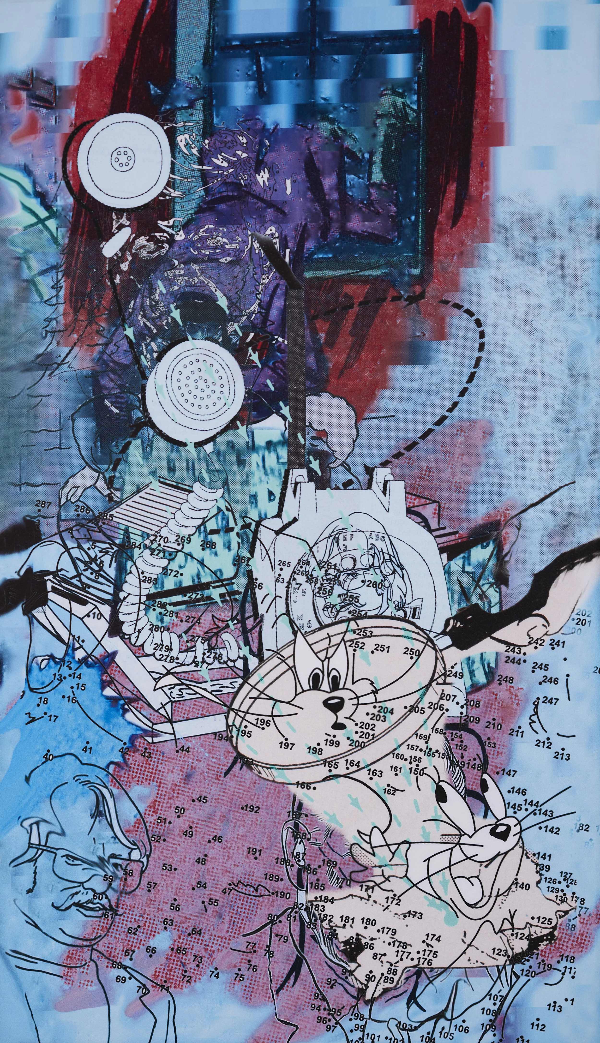A collage of imagery including connect-the-dots, cartoon characters, lines, and colors.